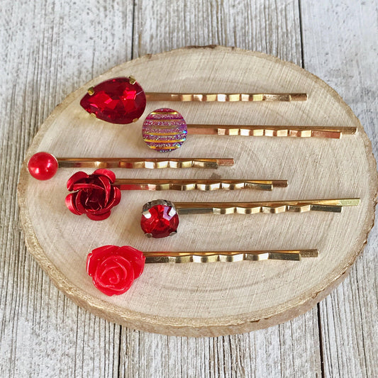 Red Gold Hair Pin, Neutral Hair Pins, Minimalist Wedding Hair Jewelry, Womens Hair Clips, Modern Bobby Pins, Red Hair Barrettes, Red Flowers