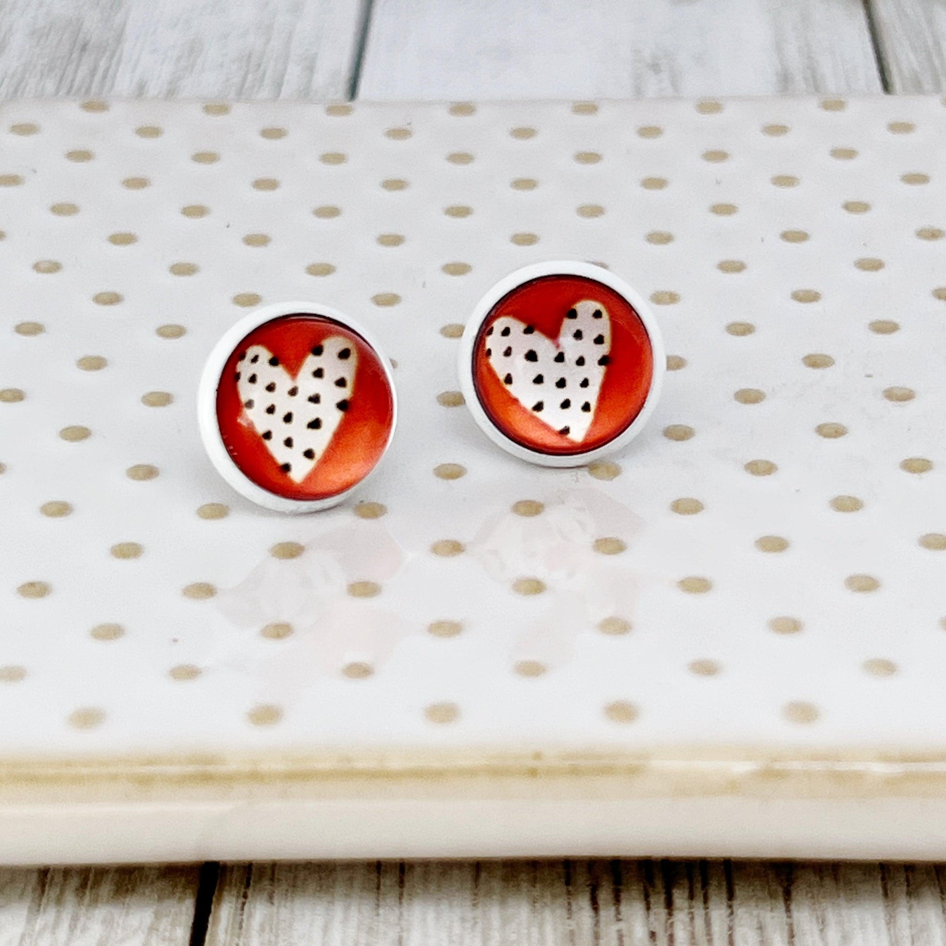 Red & White Polka Dot Heart Stud Earrings: Playful & Romantic Accessories