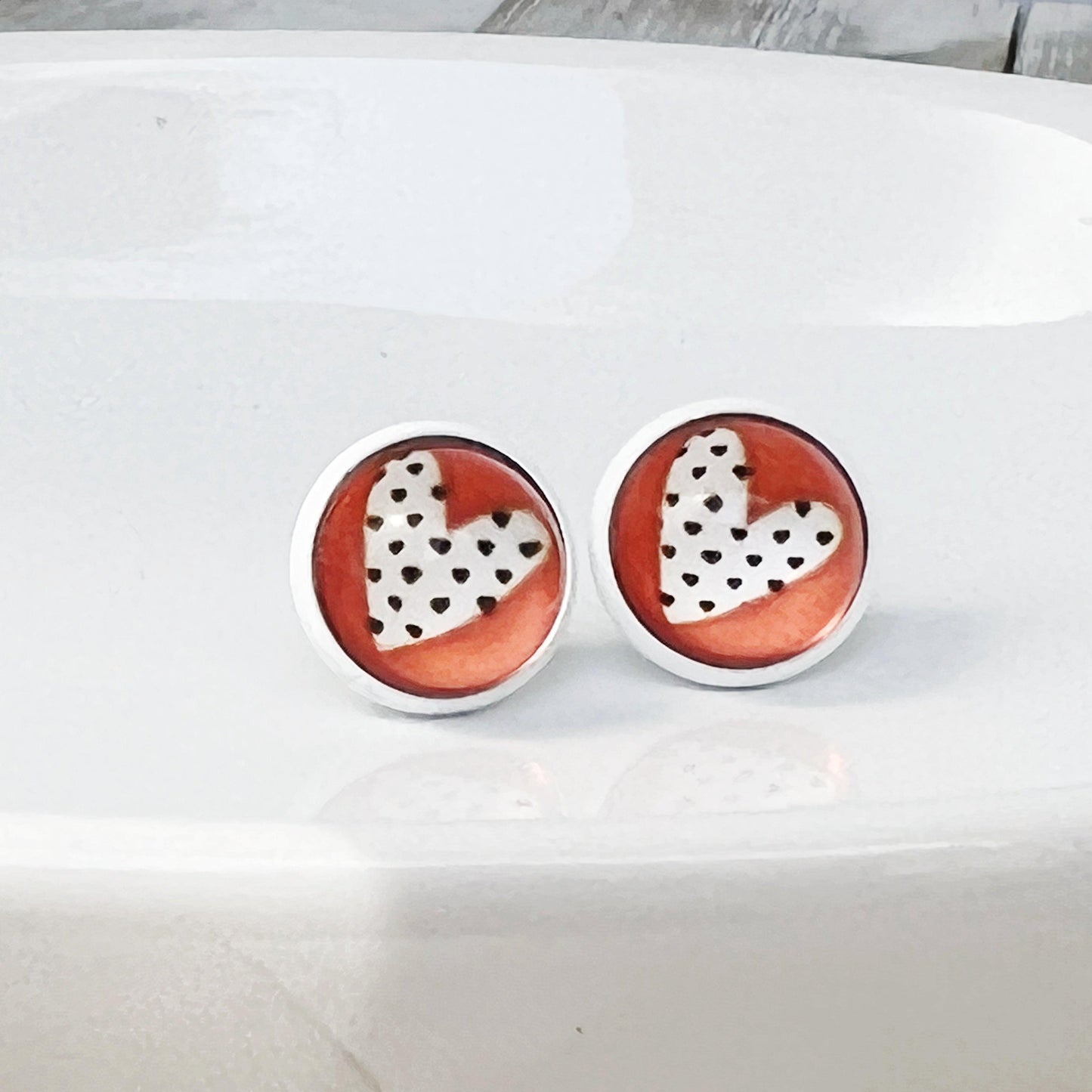 Red & White Polka Dot Heart Stud Earrings: Playful & Romantic Accessories