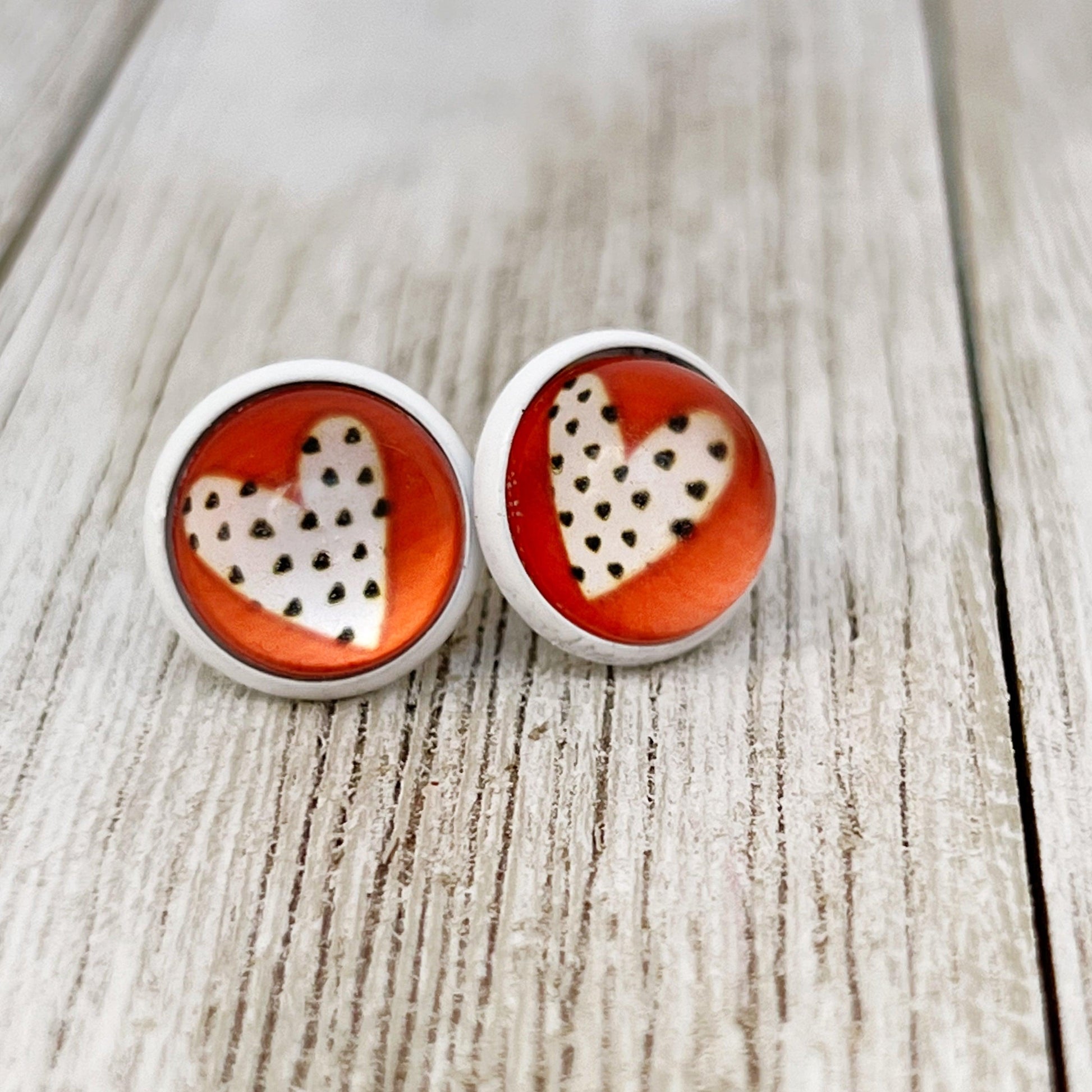 Red & White Polka Dot Heart Stud Earrings: Playful & Romantic Accessories
