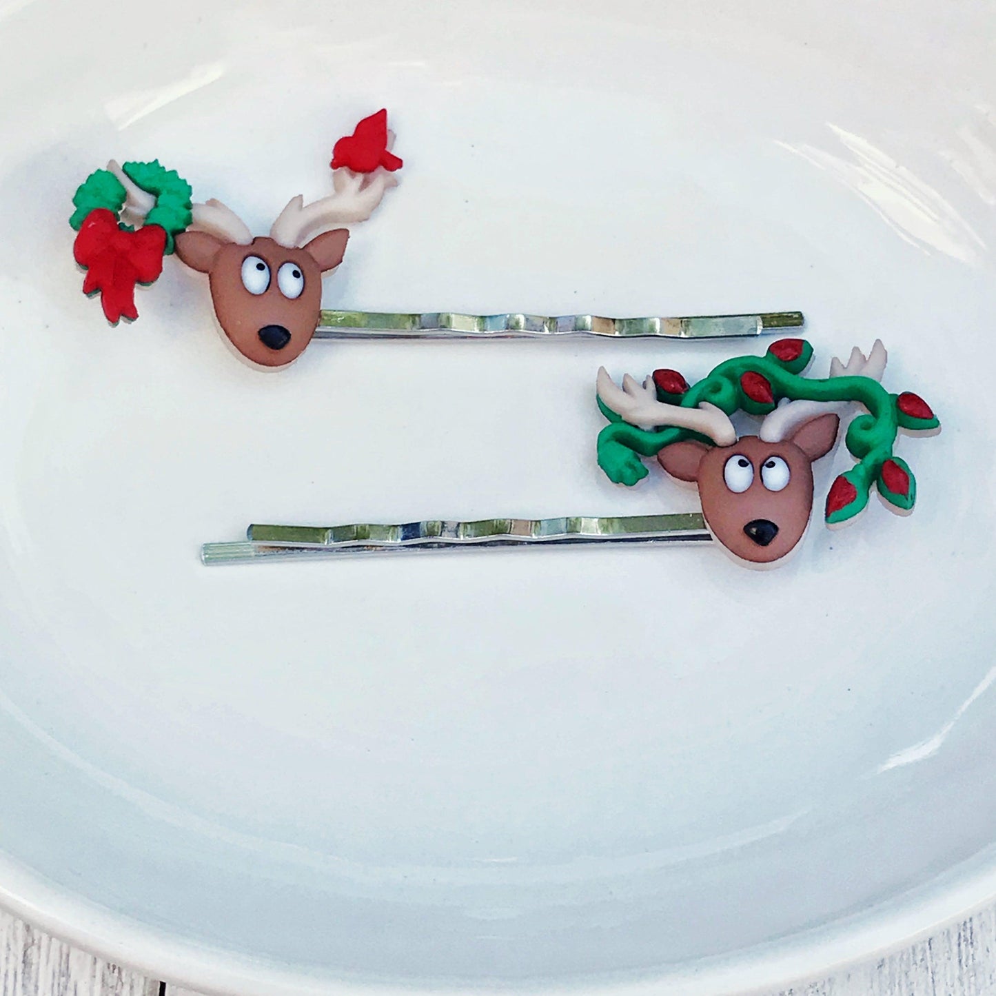 Reindeer with Wreath, Bird, & Light Strand Christmas Hair Pins: Whimsical Accessories for Festive Hairstyles