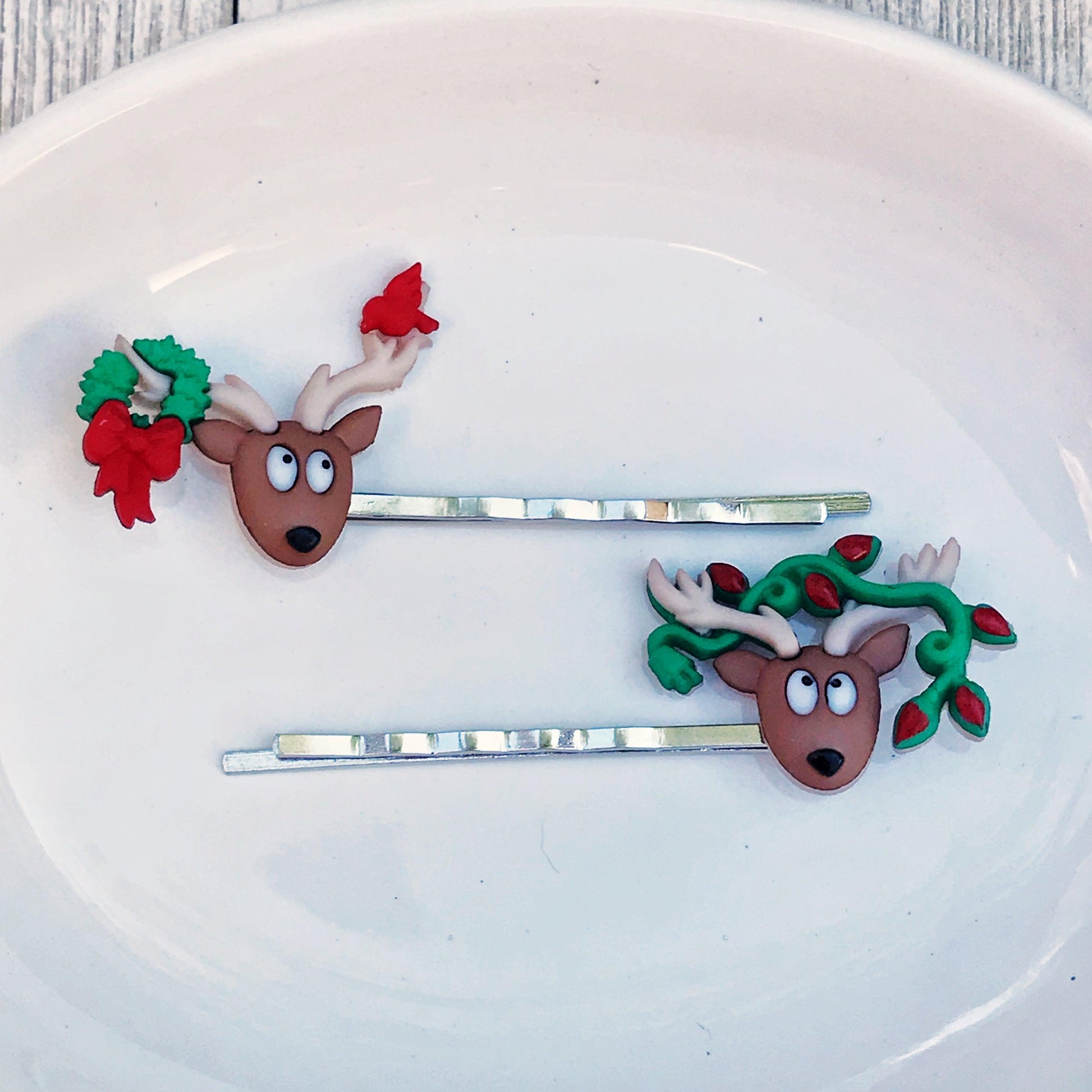 Reindeer with Wreath, Bird, & Light Strand Christmas Hair Pins: Whimsical Accessories for Festive Hairstyles