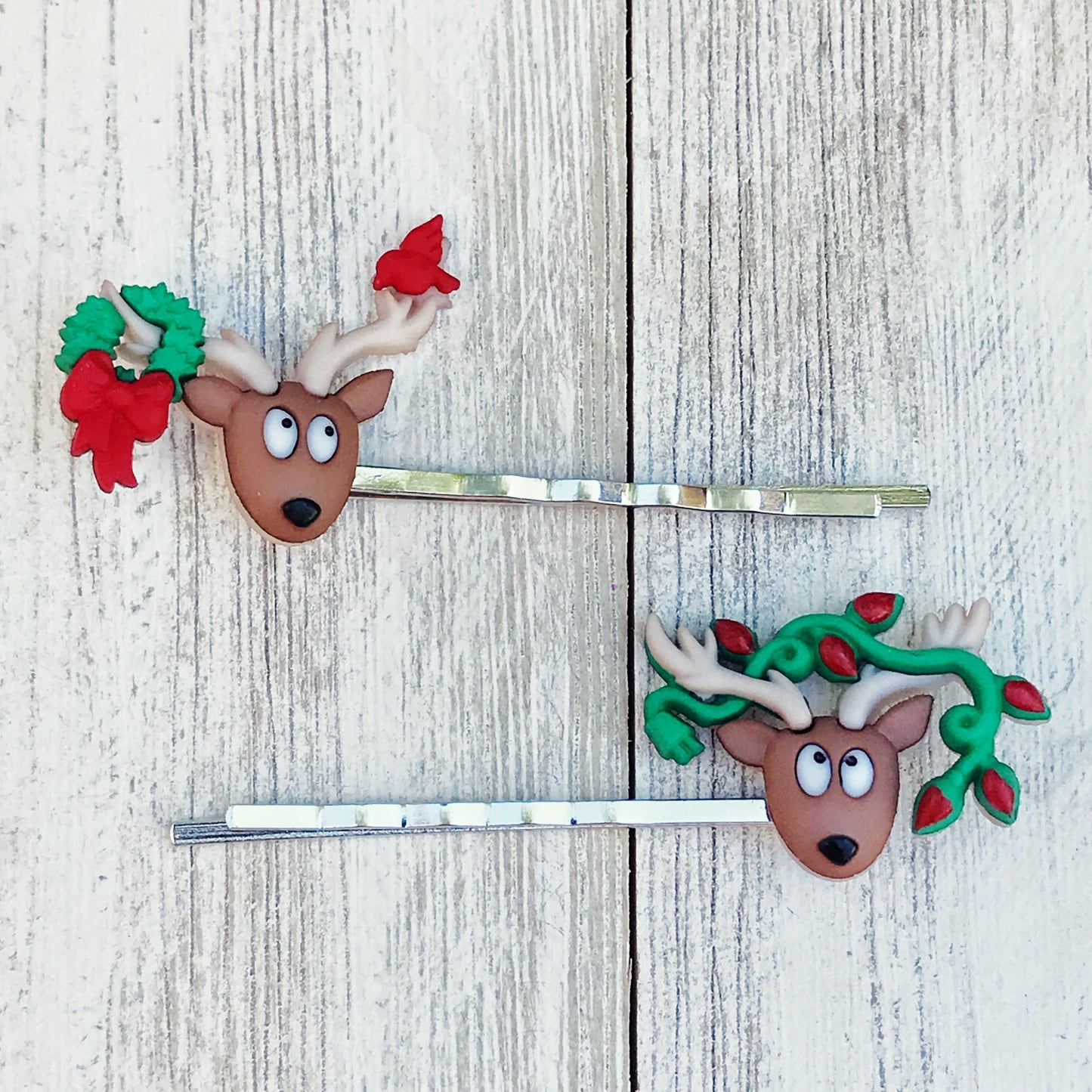 Reindeer with Wreath, Bird, & Light Strand Christmas Hair Pins: Whimsical Accessories for Festive Hairstyles