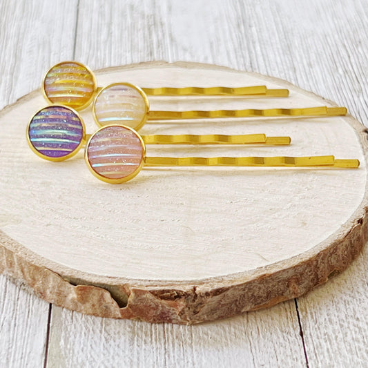 Set of 4 Gold-Toned Hair Pins: Vibrant Accents in Purple, Yellow, Pink, & White Striped Glitter Design