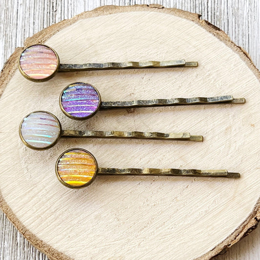 Set of 4 Brass-Toned Hair Pins: Vibrant Accents in Purple, Yellow, Pink, and White Striped Glitter Design