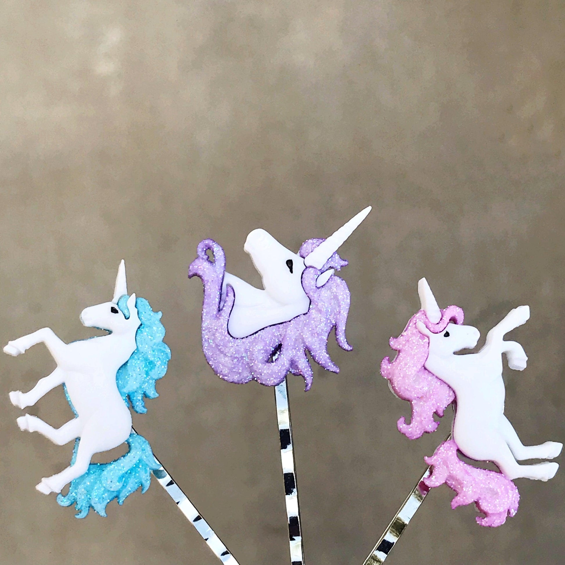 Unicorn Hair Pins Set: Whimsical Trio in Pink, Blue, & Purple for Enchanting Hairstyles
