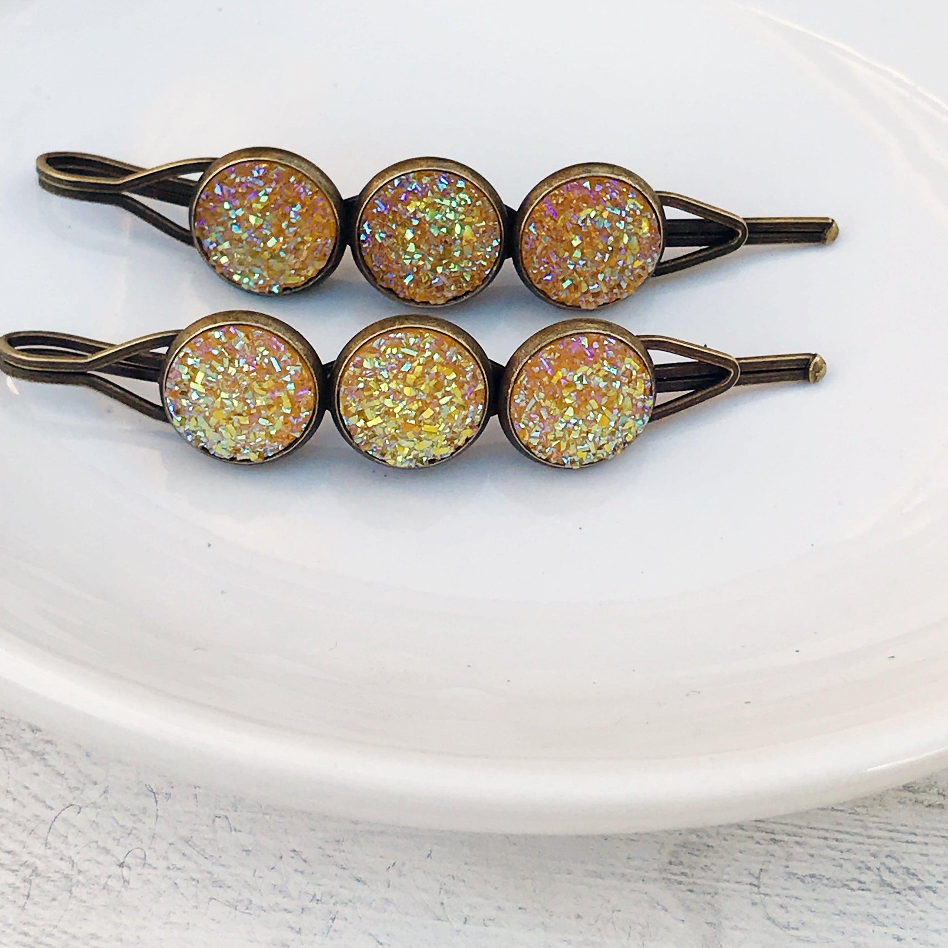 Yellow Glitter Druzy Hair Pins - Vibrant & Stylish Hair Accessories