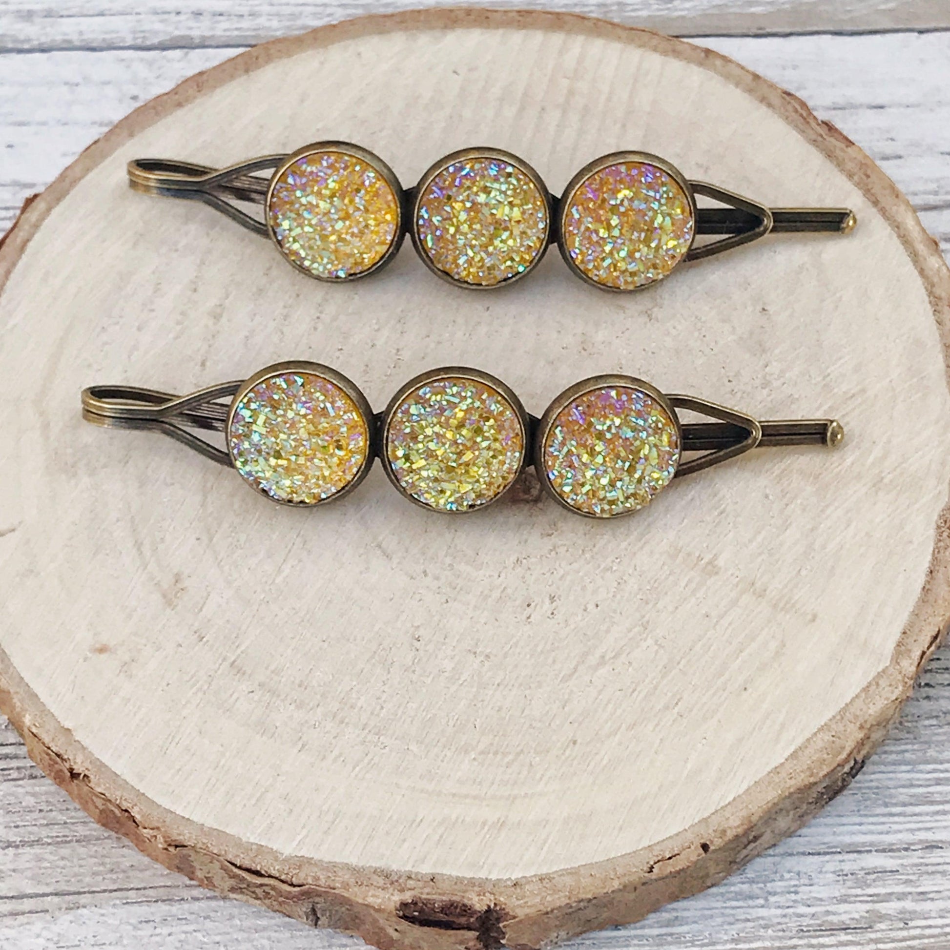 Yellow Glitter Druzy Hair Pins - Vibrant & Stylish Hair Accessories