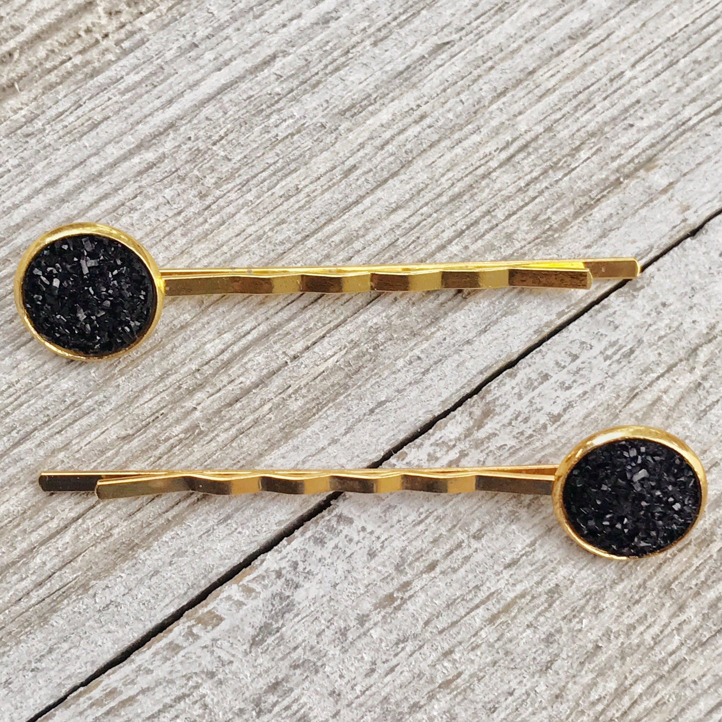 Black & Gold Druzy Hair Pins Set of 2 - Elegant & Versatile Hair Accessories