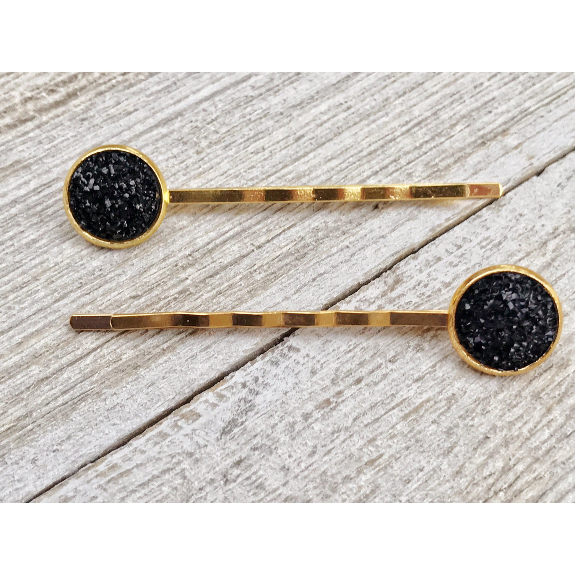 Black & Gold Druzy Hair Pins Set of 2 - Elegant & Versatile Hair Accessories