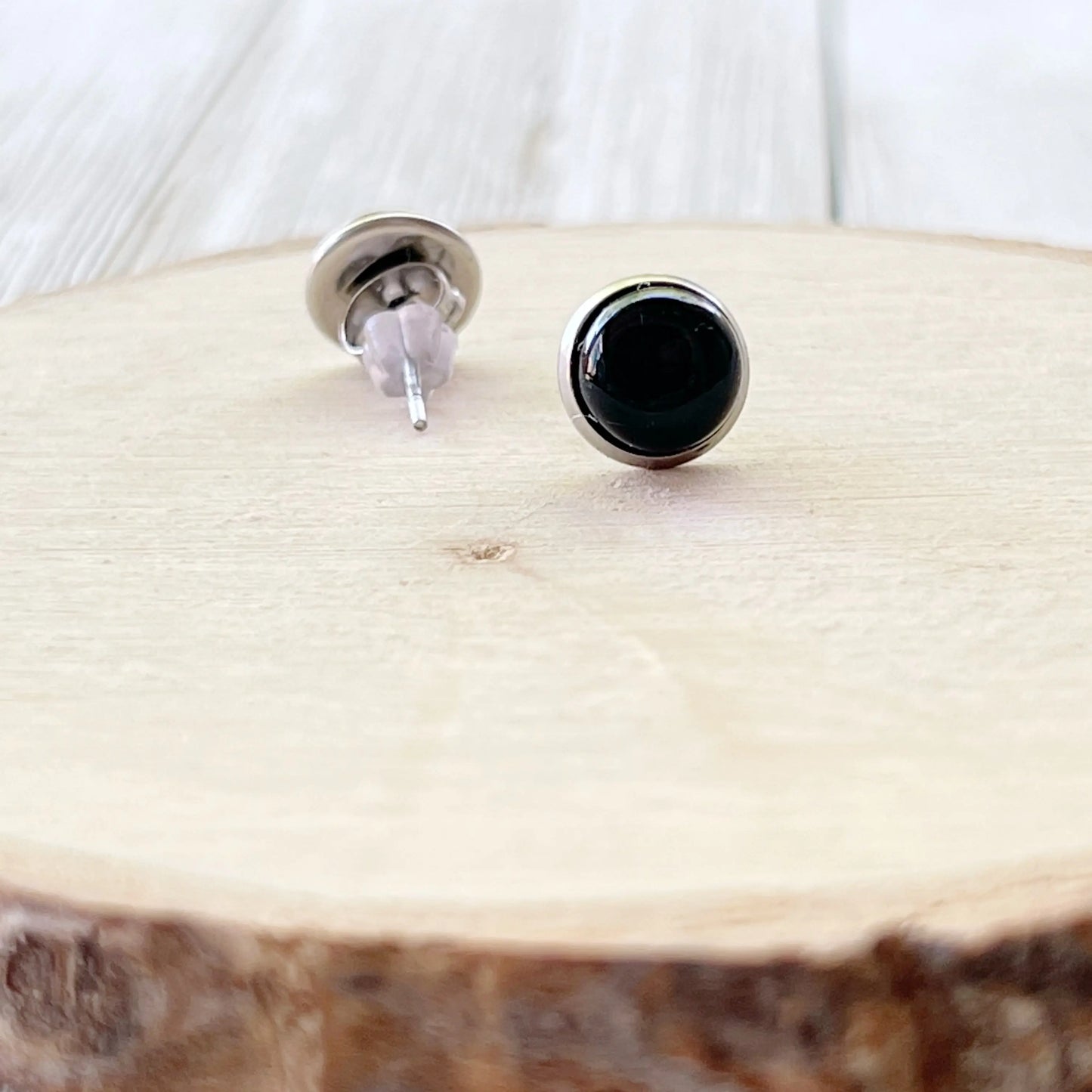 Black Onyx Agate 8mm Stainless Steel Stud Earrings - backside 