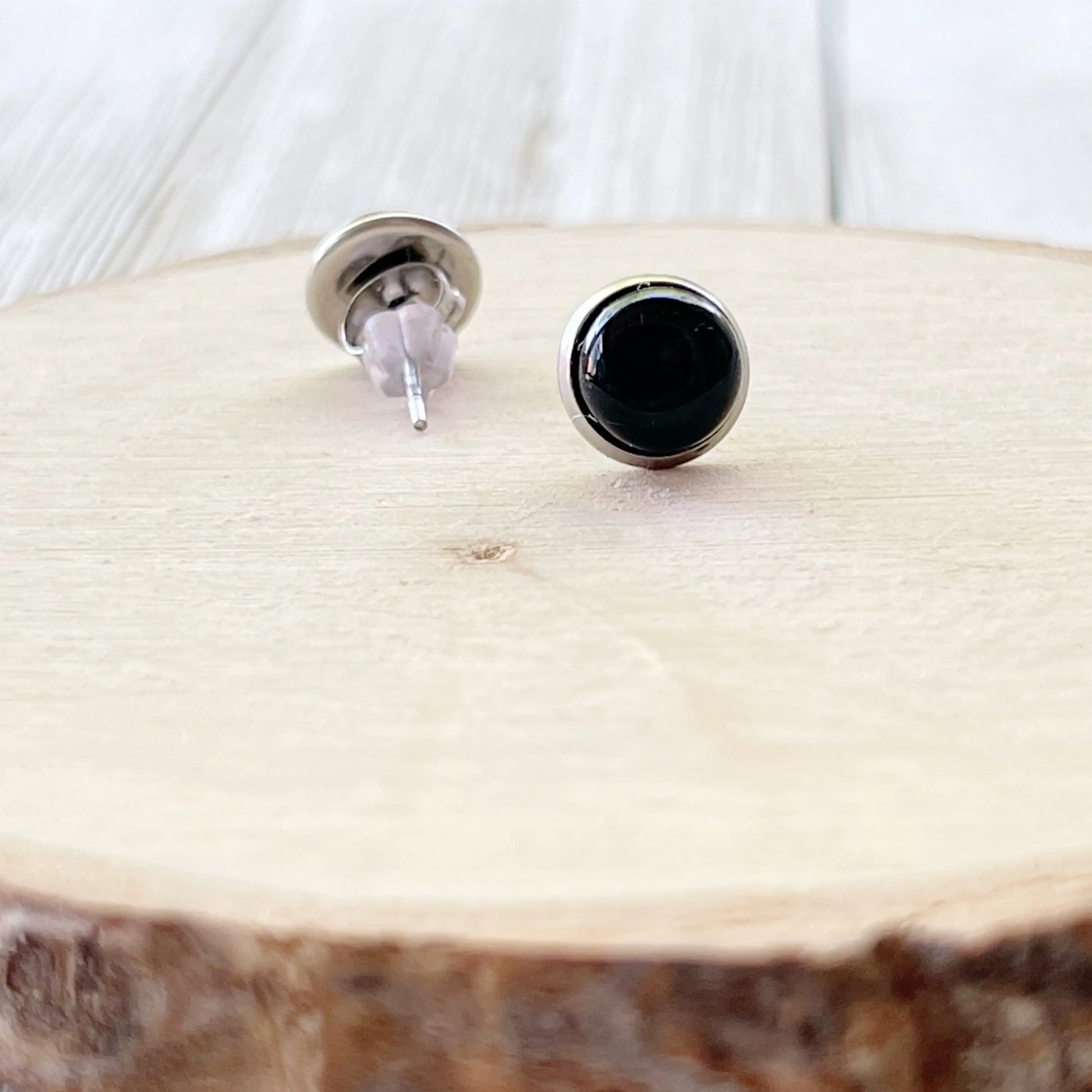 Black Onyx Agate 8mm Stainless Steel Stud Earrings - backside 