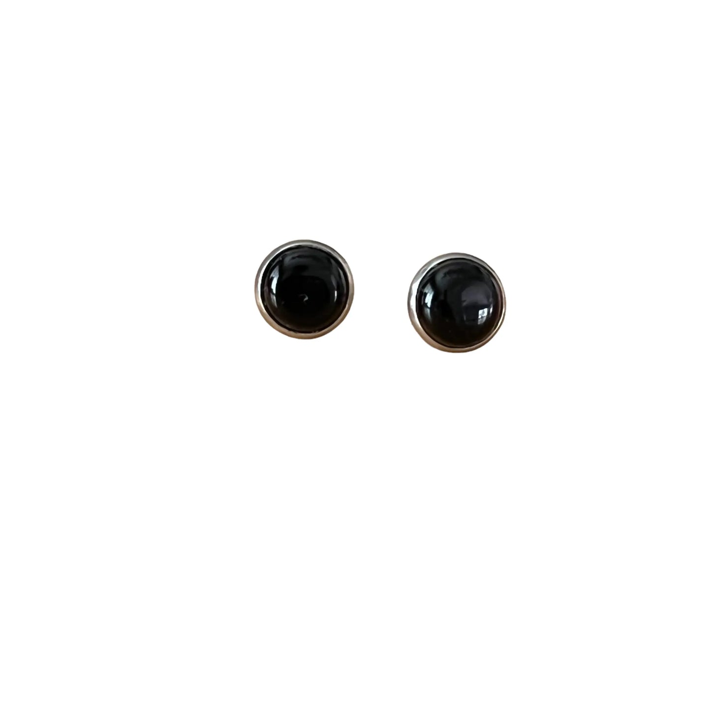 Black Onyx Agate 8mm Stainless Steel Stud Earrings - on white background 