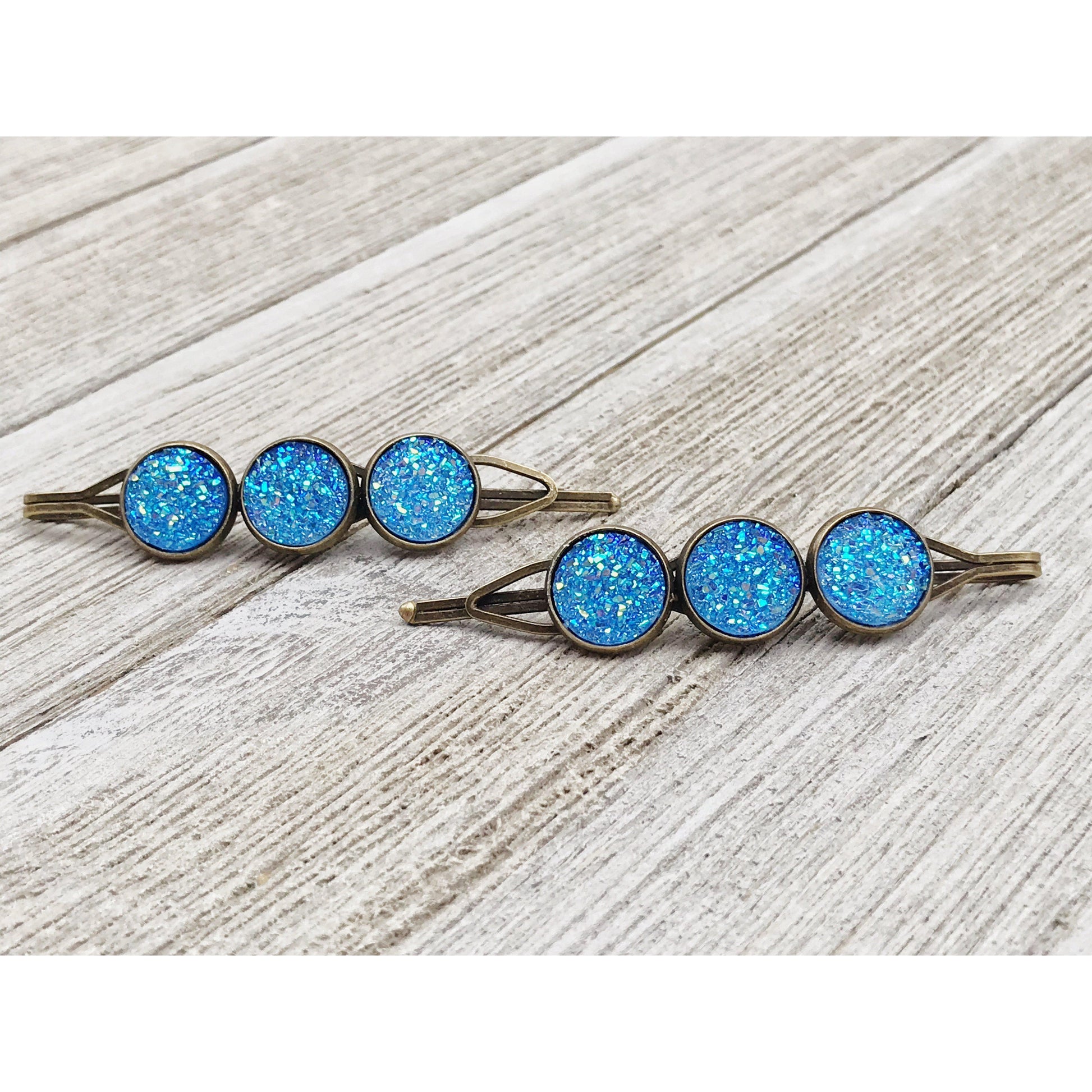Blue Glitter Druzy Hair Pins - Sparkling & Stylish Hair Accessories