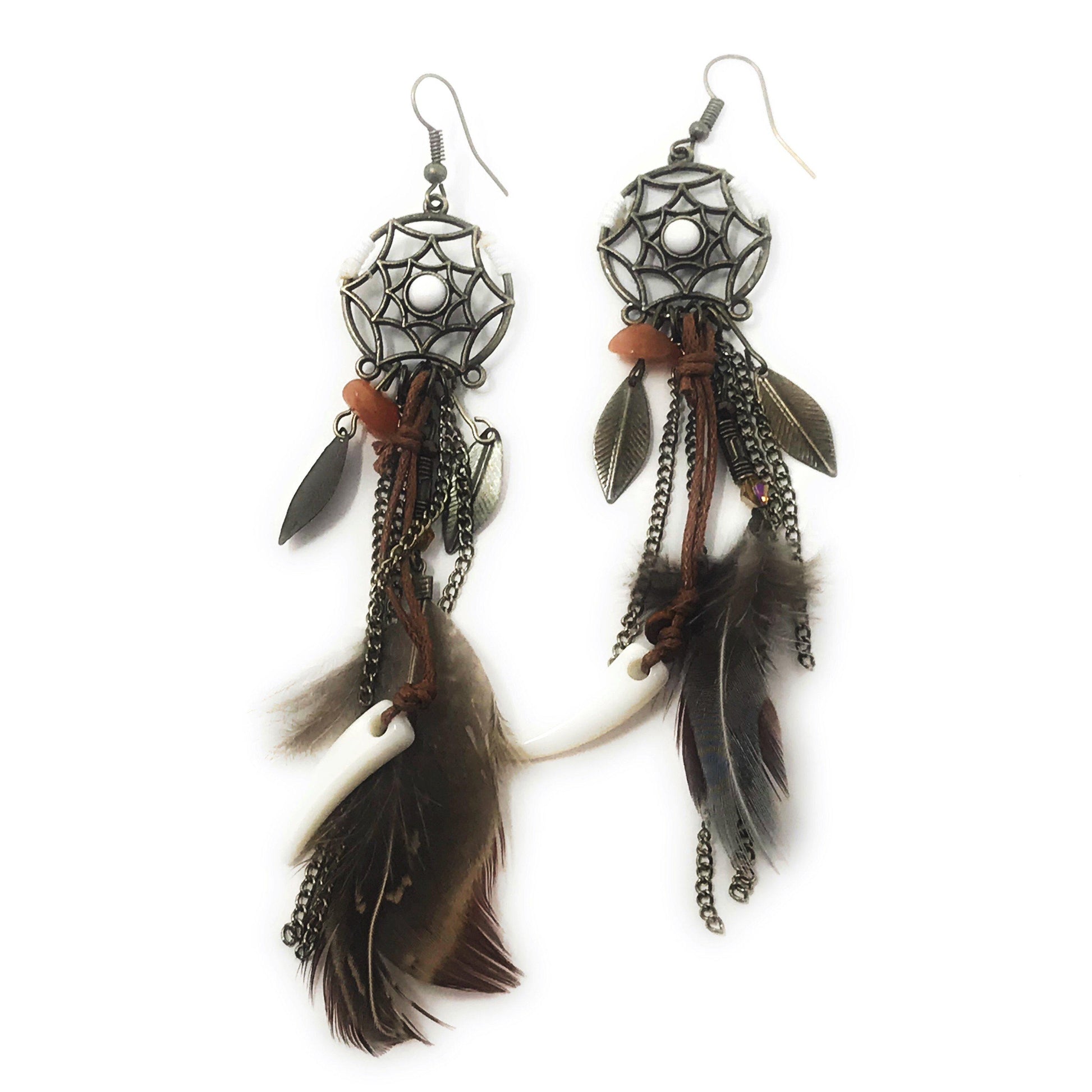 Close-up of boho feather statement earrings showing detailed charm and rustic style