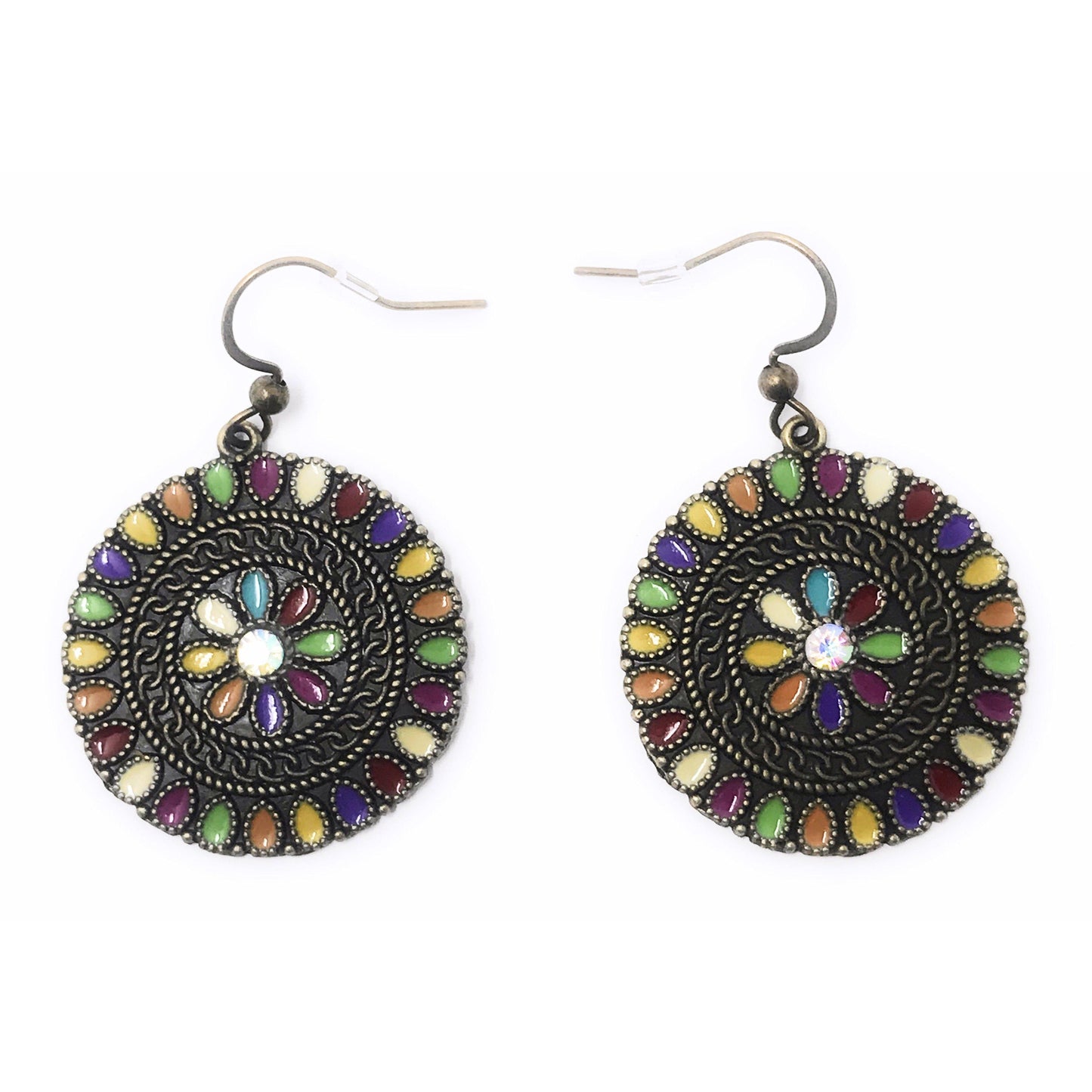 Colorful Round Floral Dangle Earrings with Rhinestone Accents - Stylish & Sparkling Accessories