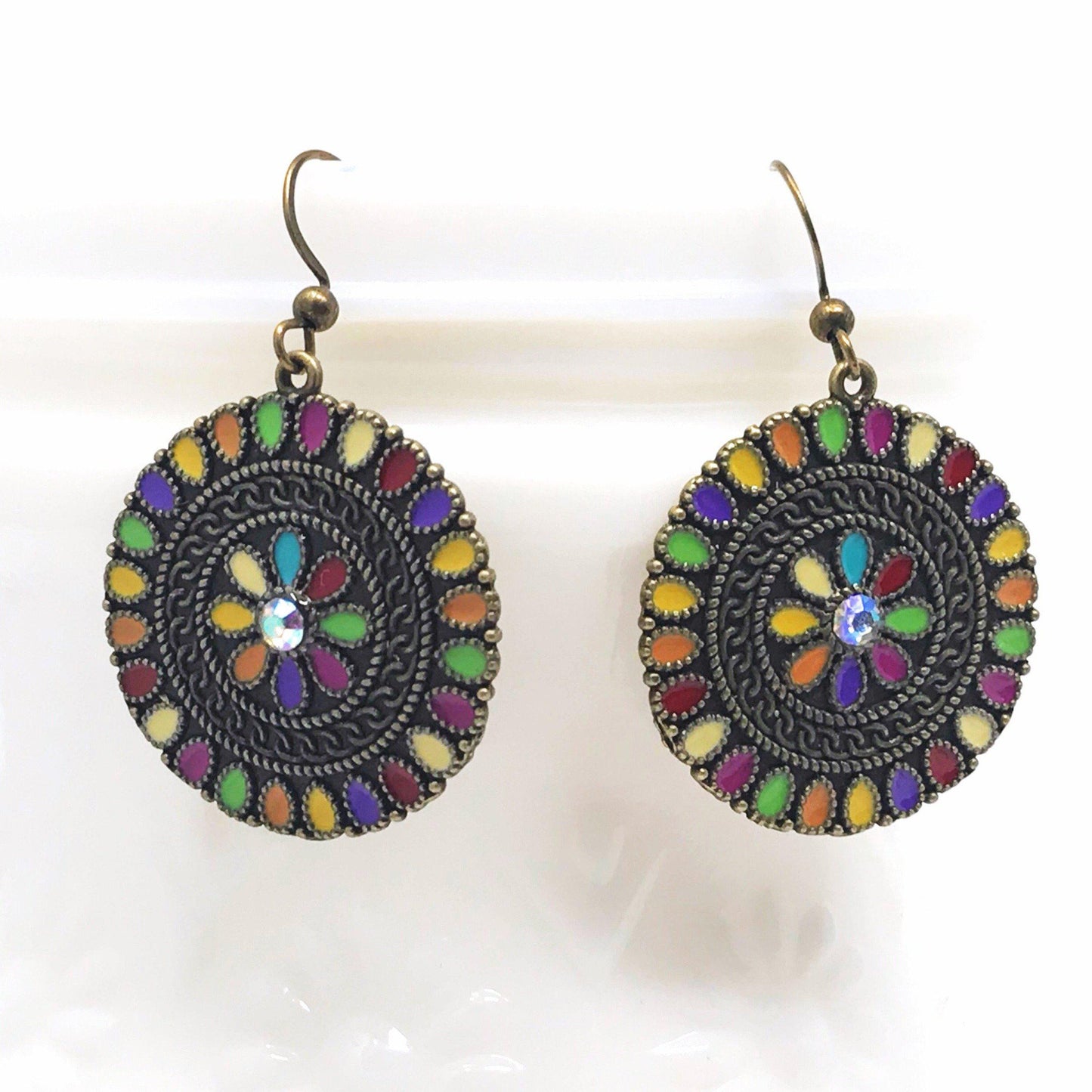Colorful Floral Enamel Earrings – Boho Chic Bronze Dangle Jewelry