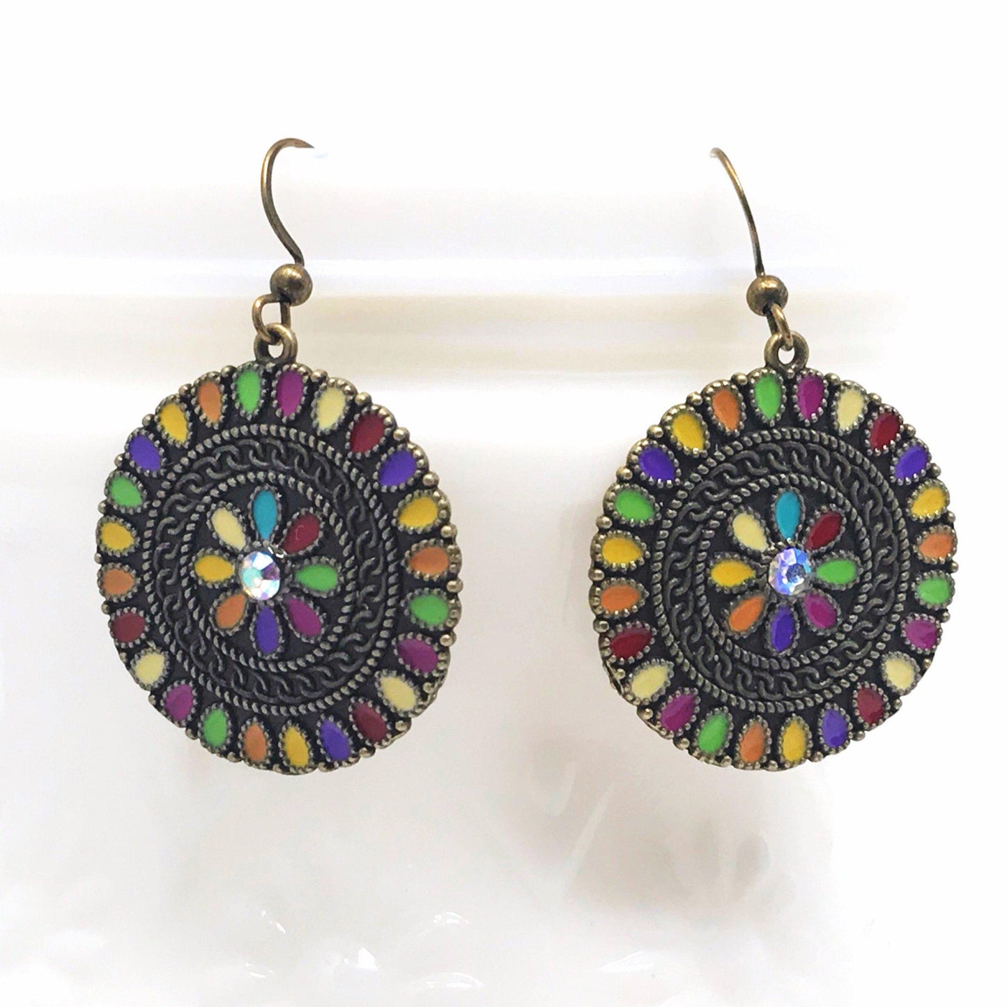 Colorful Round Floral Dangle Earrings with Rhinestone Accents - Stylish & Sparkling Accessories