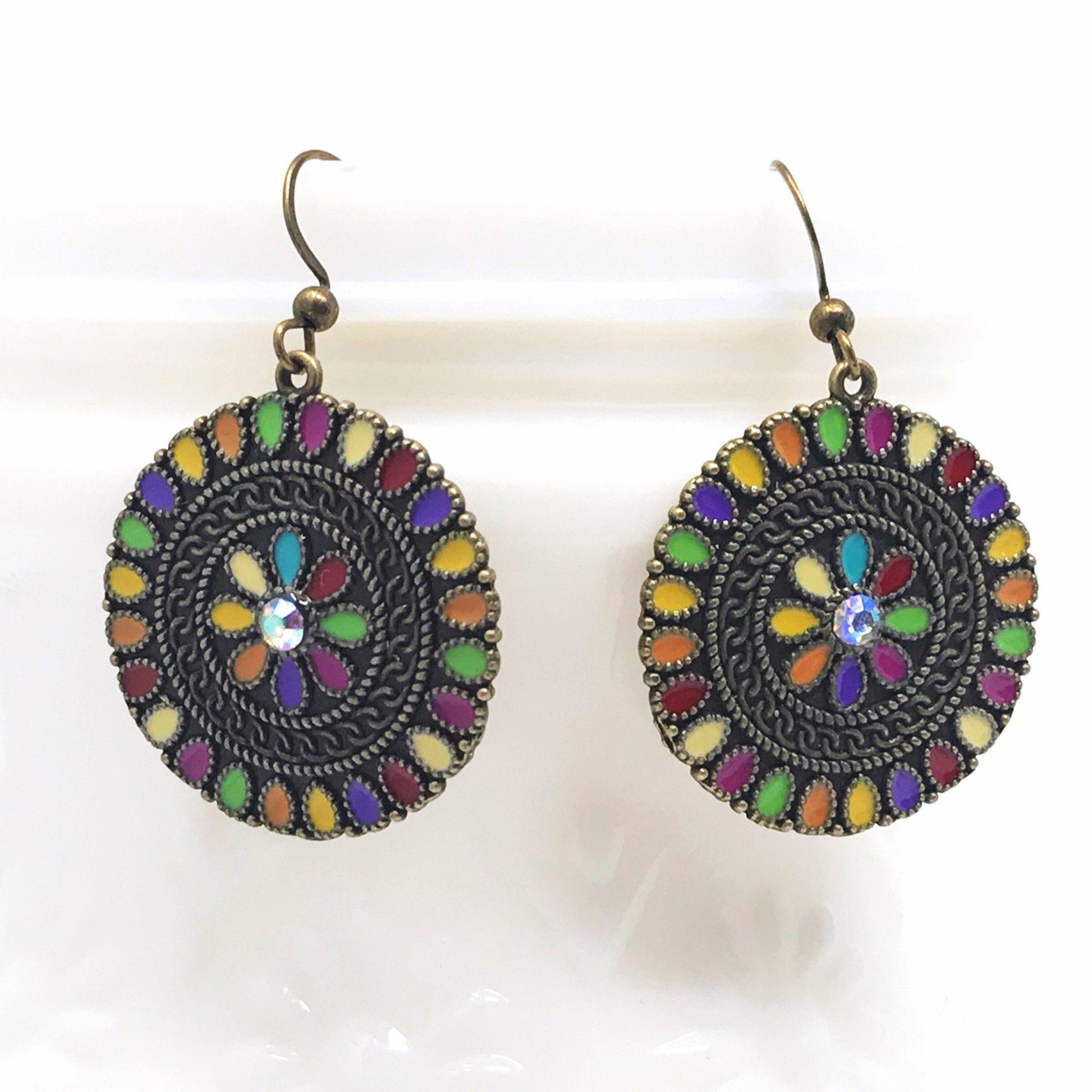 Colorful Floral Enamel Earrings – Boho Chic Bronze Dangle Jewelry