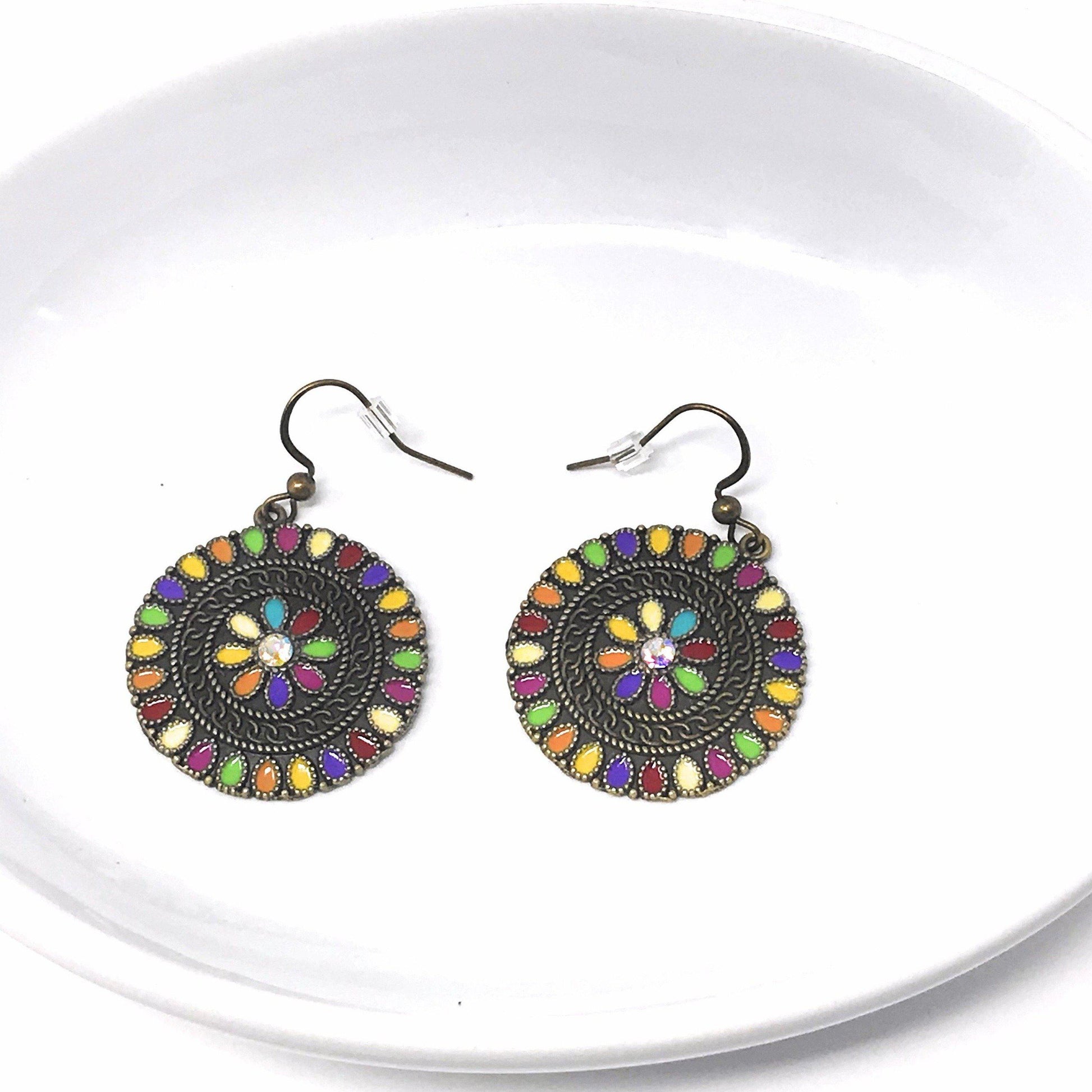 Colorful Floral Enamel Earrings – Boho Chic Bronze Dangle Jewelry