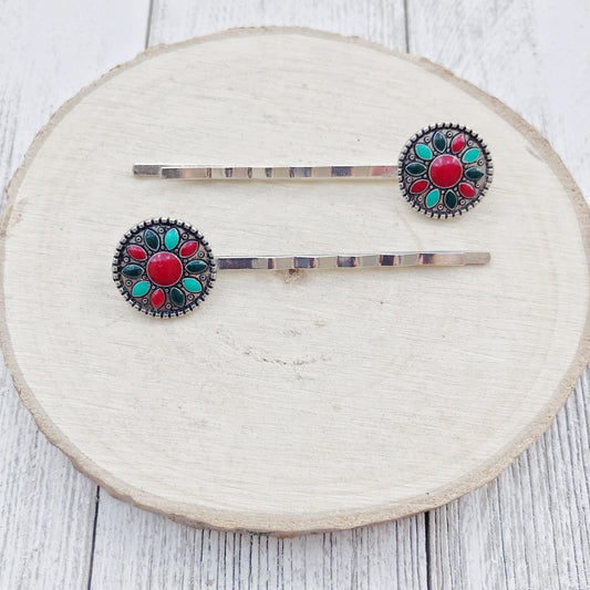 Boho Western Turquoise Medallion Hair Pins - Set of 2 Stylish Accessories