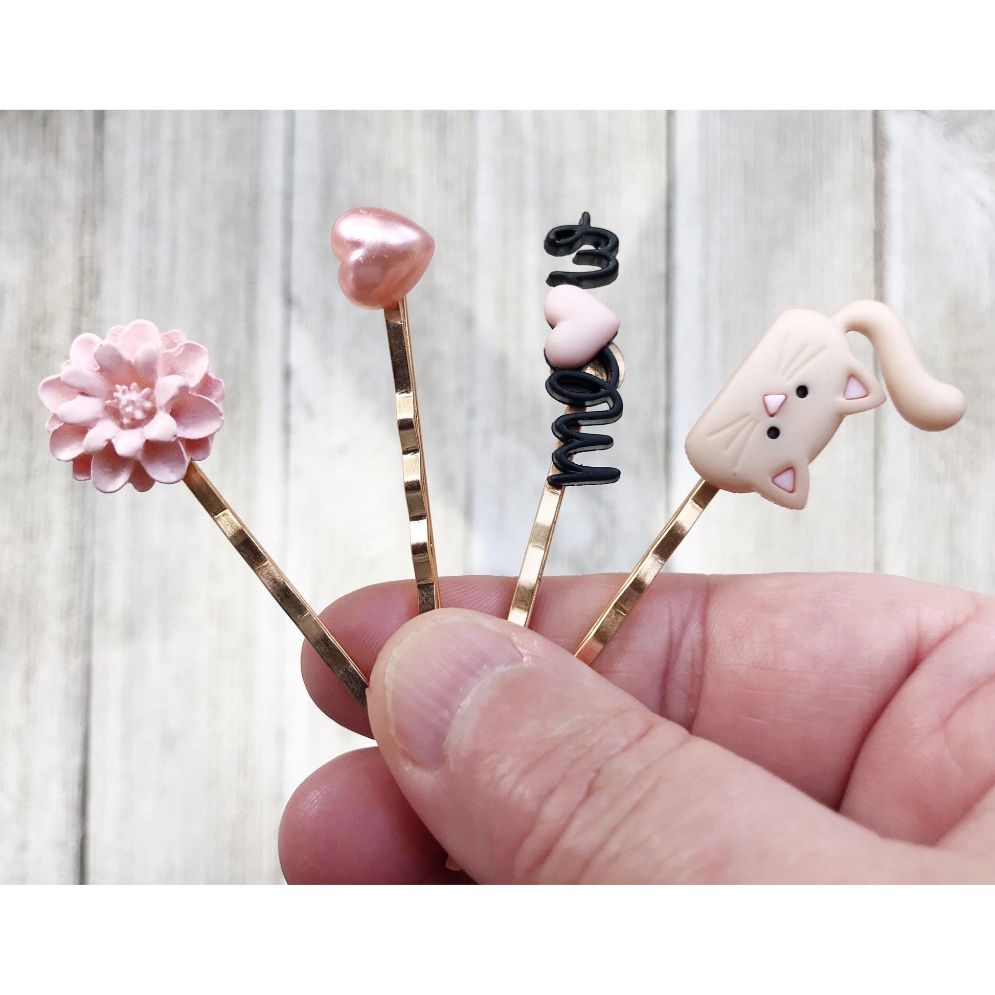 Set of Tan Cat, Pink Heart, Pink Flower, & Meow Hair Pins: Adorable Accessories for Cute Hairstyles"