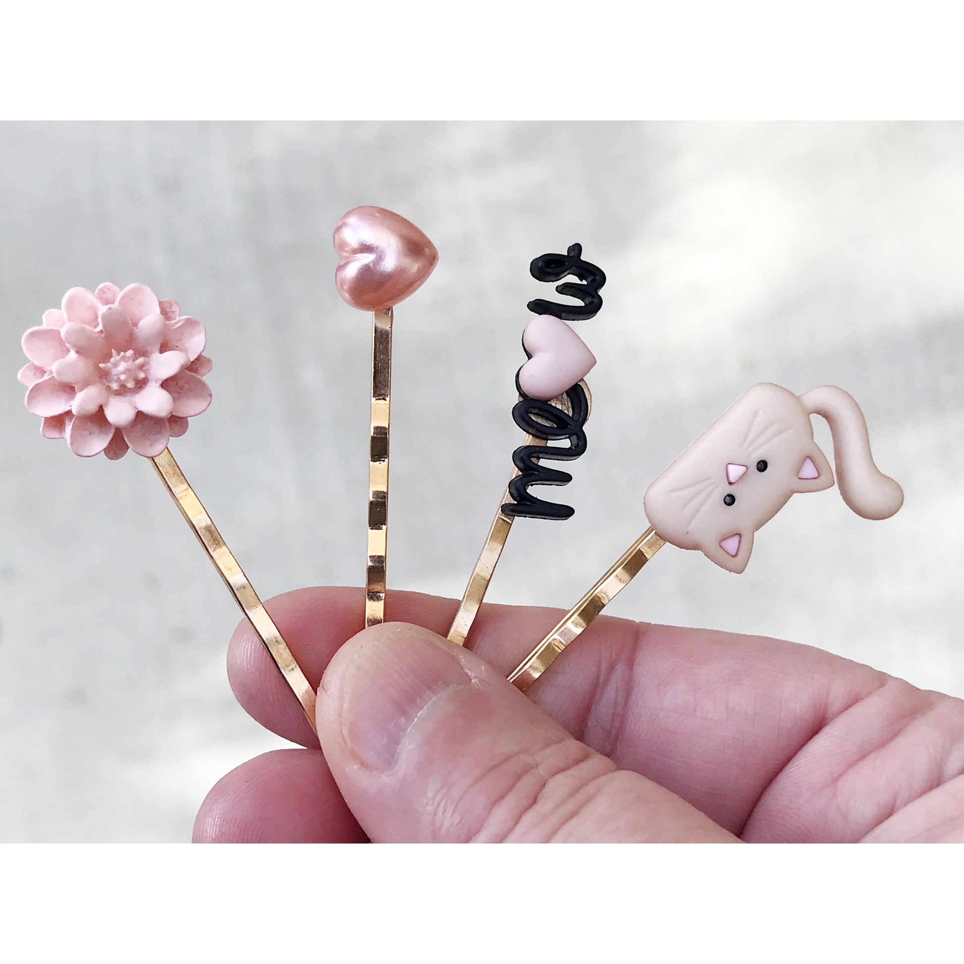 Set of Tan Cat, Pink Heart, Pink Flower, & Meow Hair Pins: Adorable Accessories for Cute Hairstyles"