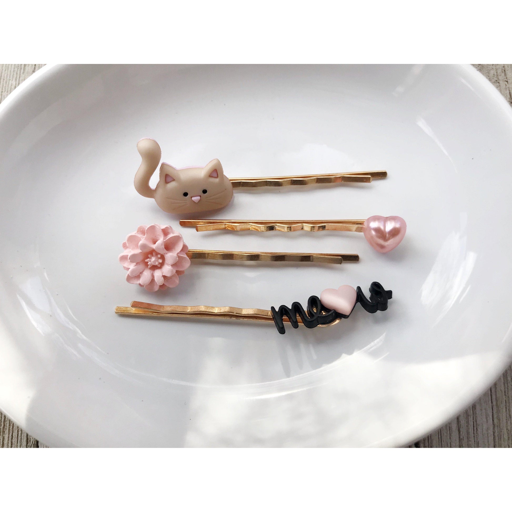 Set of Tan Cat, Pink Heart, Pink Flower, & Meow Hair Pins: Adorable Accessories for Cute Hairstyles"