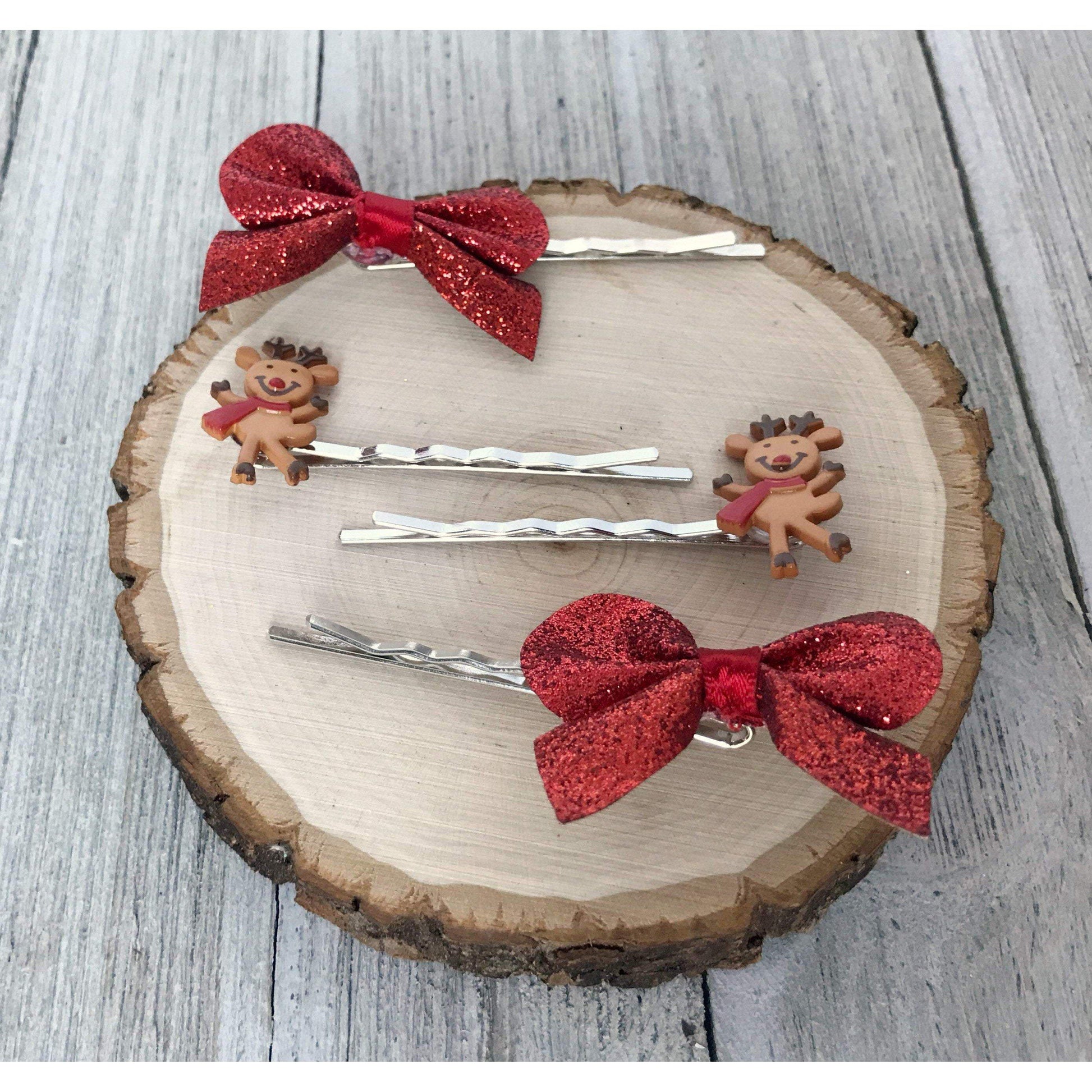 Reindeers & Red Bows Hair Pins - Festive Holiday Accessories