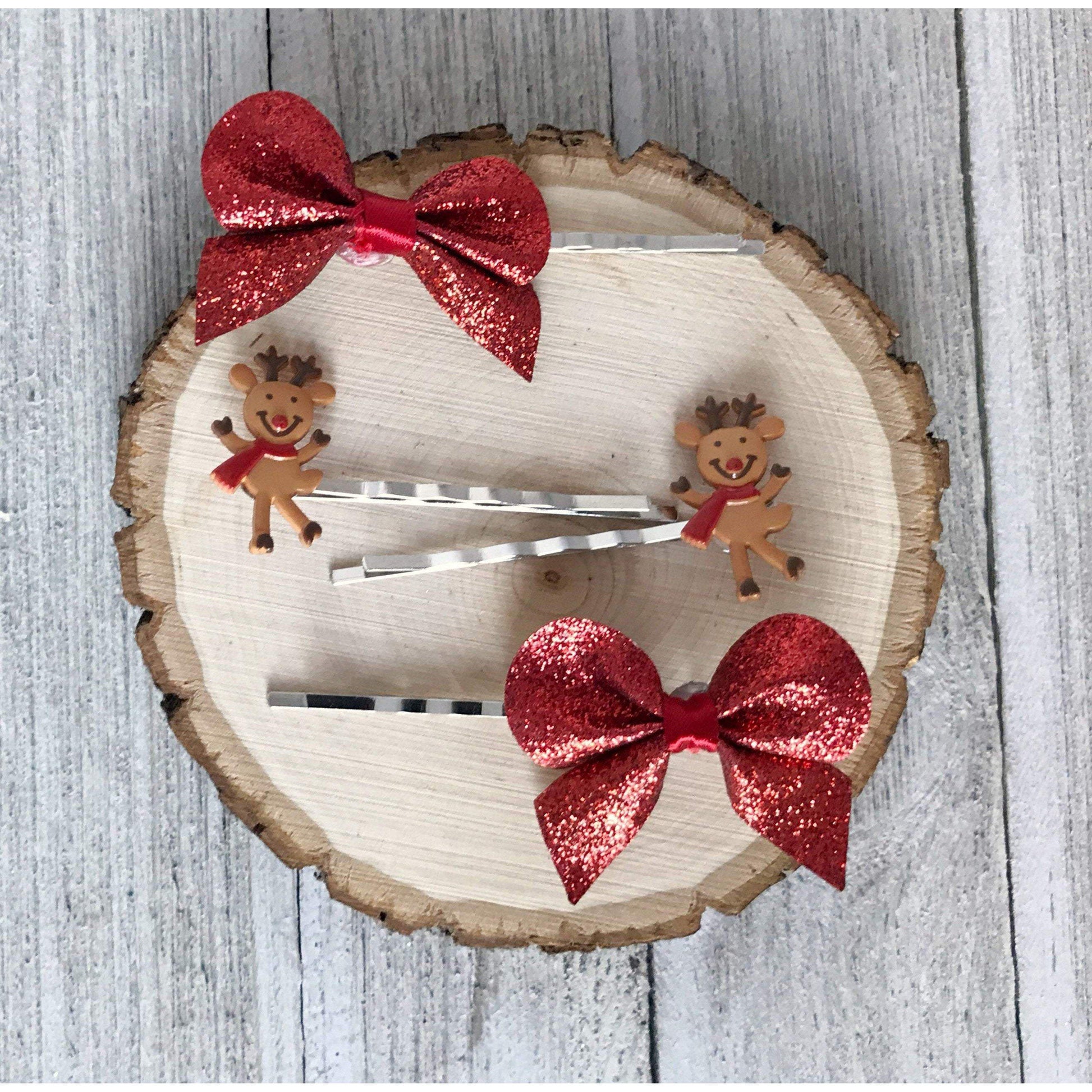 Reindeers & Red Bows Hair Pins - Festive Holiday Accessories