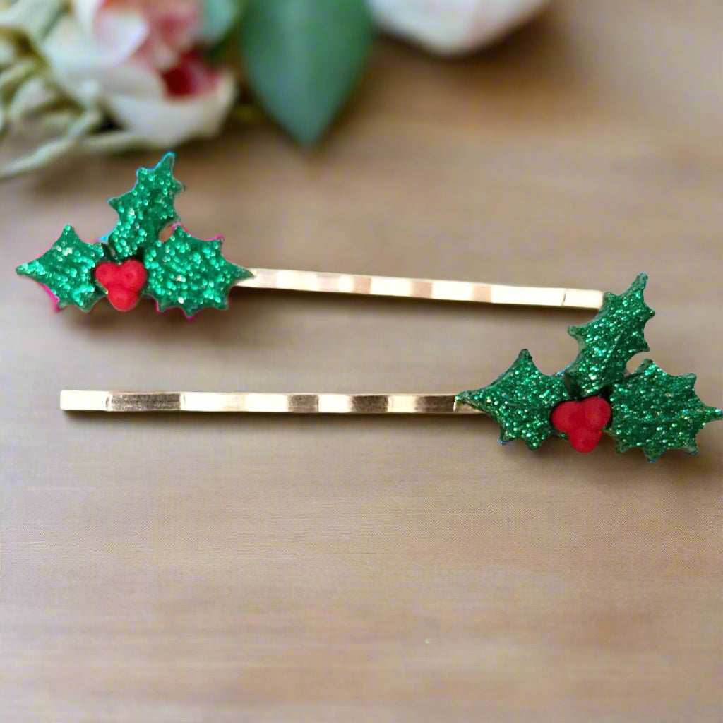 Flower Bobby Pins, Holiday Hair Pins, Mistletoe Hair Pins, Holly Bobby Pins, Poinsettia Hair Pins