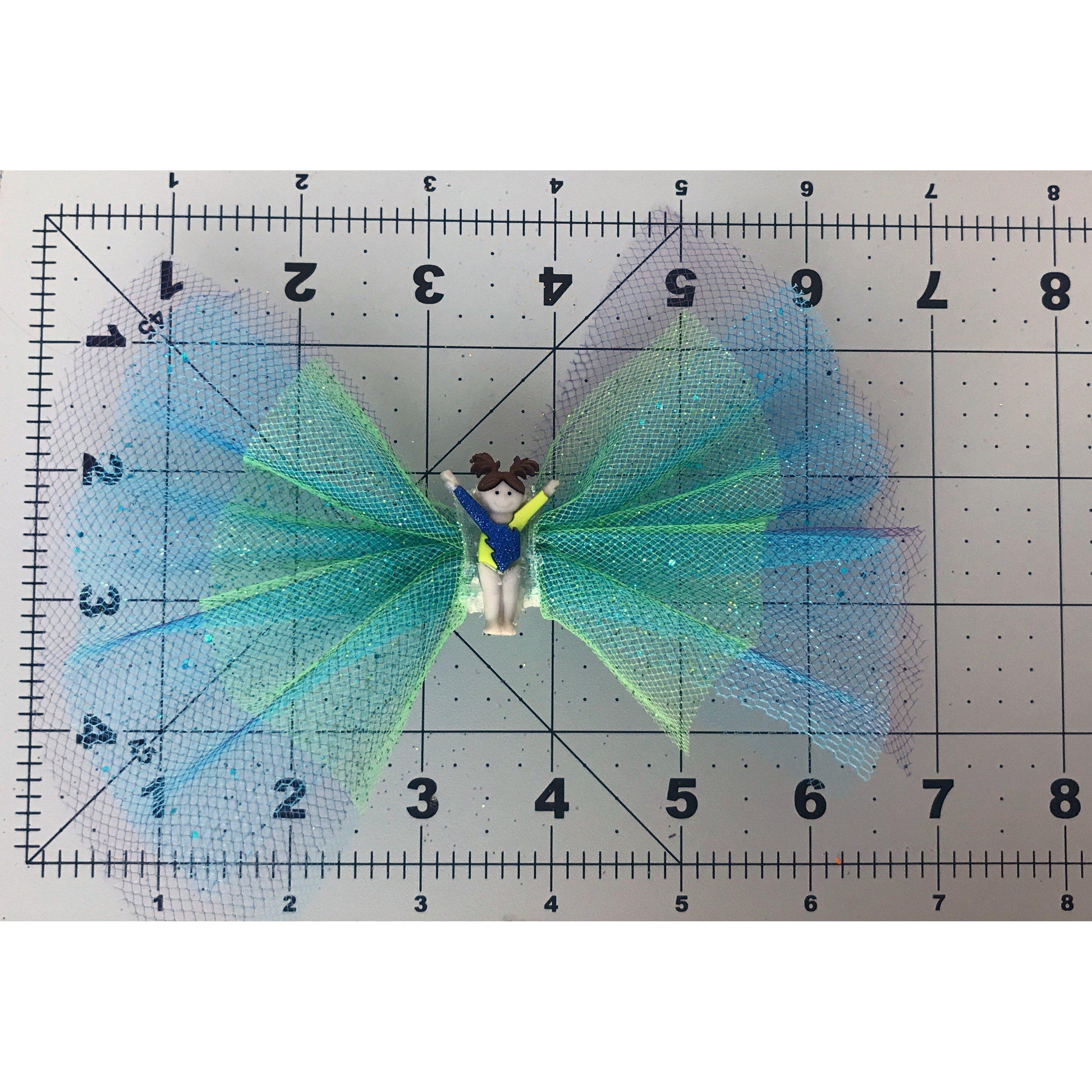 Green & Blue Glitter Tulle Hair Bow with Gymnast Embellishment - Sparkling & Sporty Hair Accessory