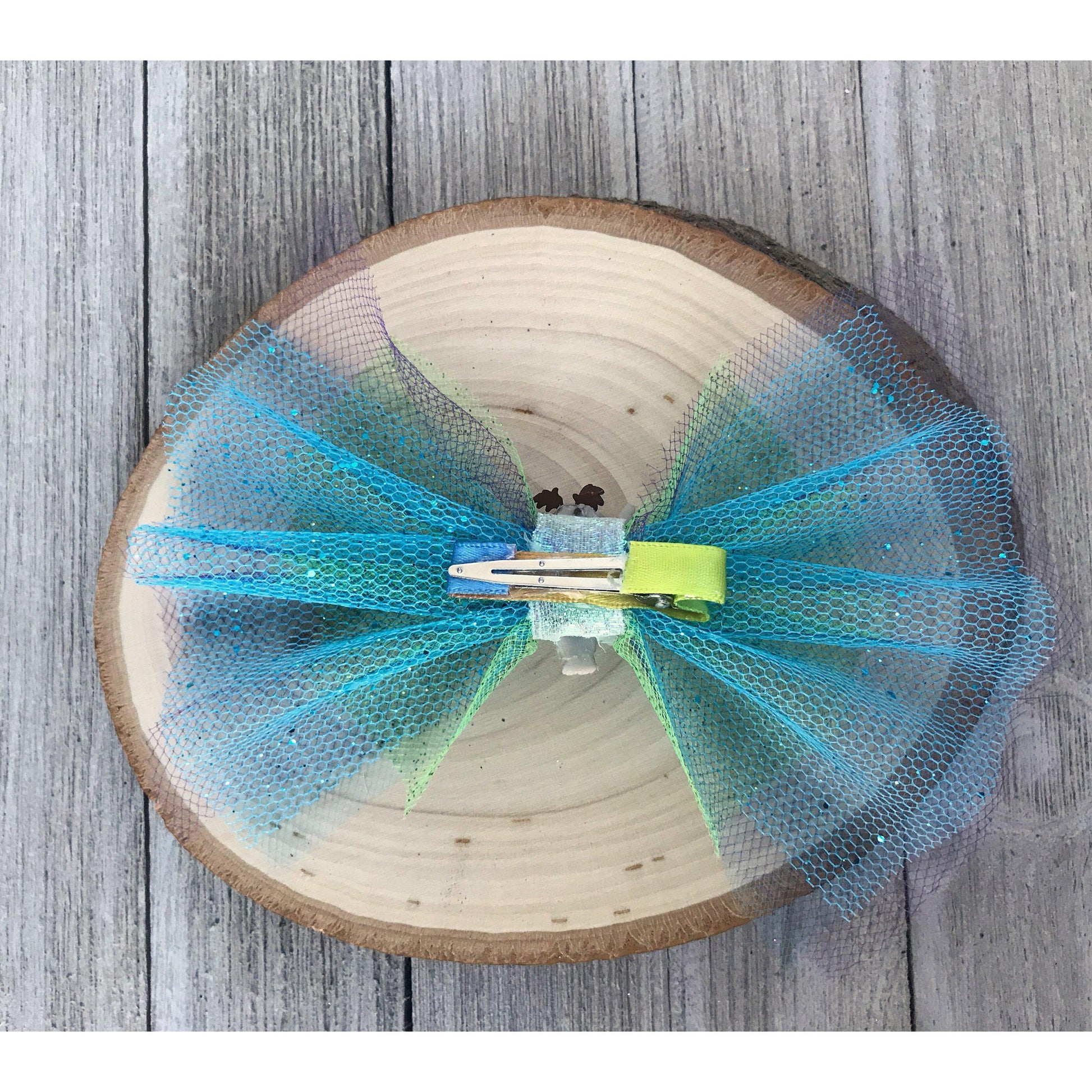Green & Blue Glitter Tulle Hair Bow with Gymnast Embellishment - Sparkling & Sporty Hair Accessory