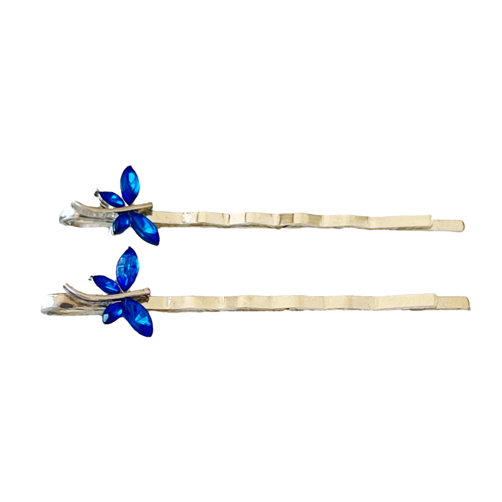 Small silver bobby pins with blue rhinestone dragonflies – lightweight and nature-inspired
