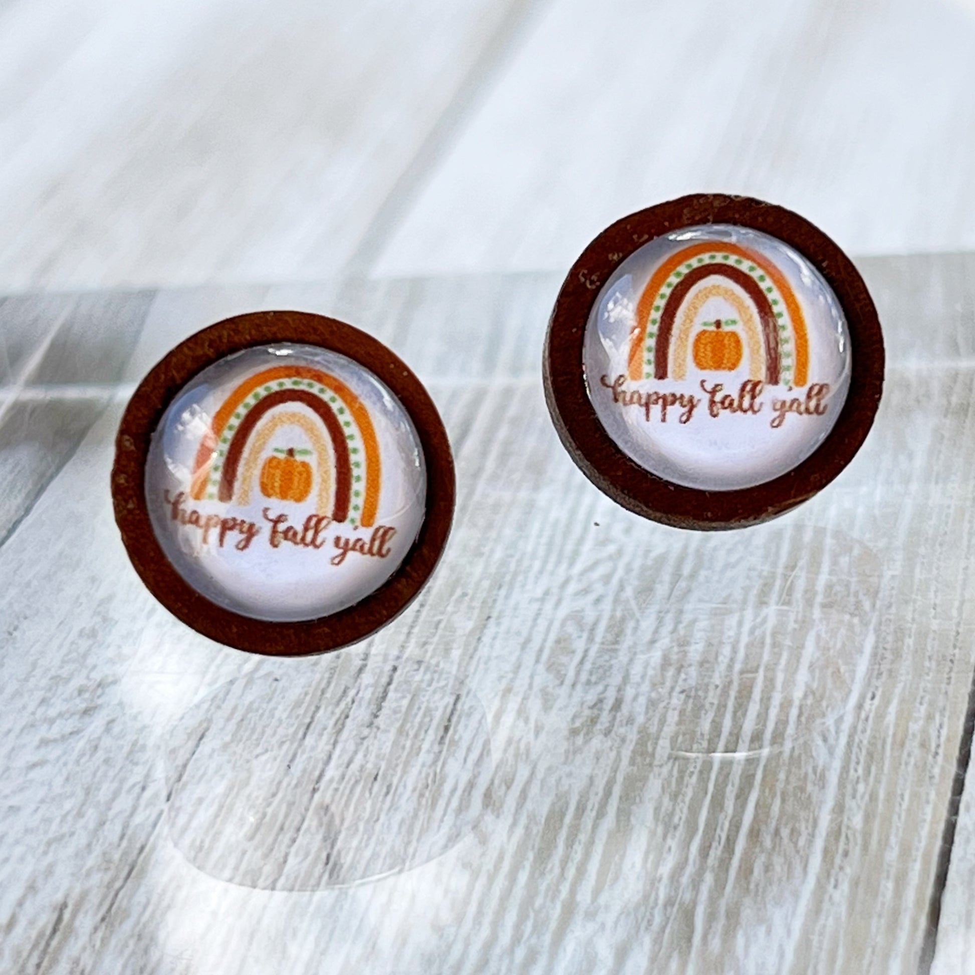 Boho Rainbow Happy Fall Y’all Wood Stud Earrings - Festive Autumn Accessories