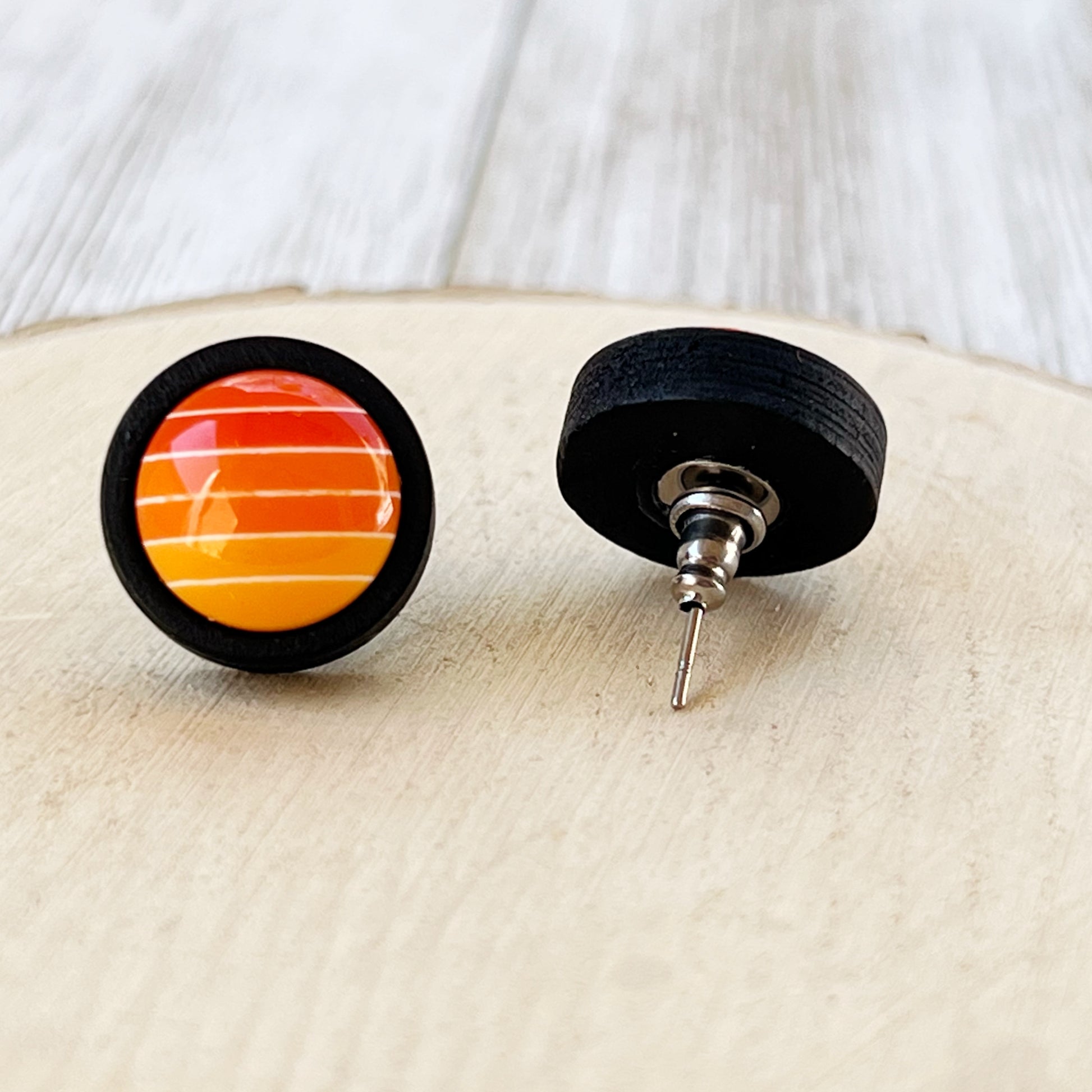 Orange Gradient Striped Black Wood Unisex Earrings - Stylish & Unique Accessories