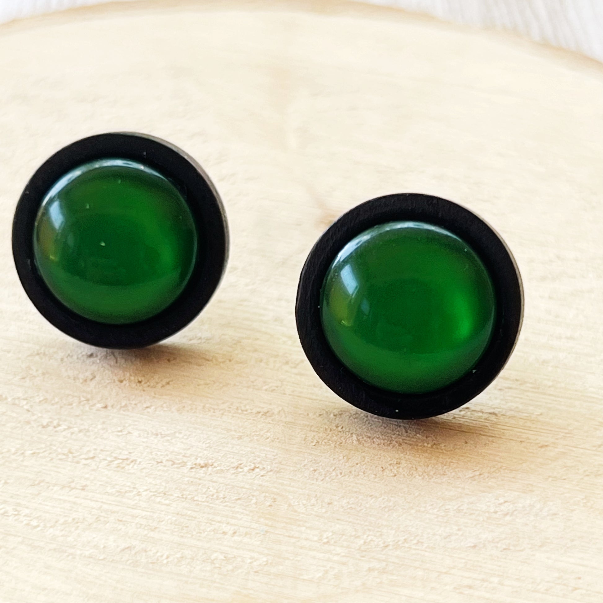 Green Resin Black Wood Unisex Stud Earrings - Stylish & Versatile Accessories