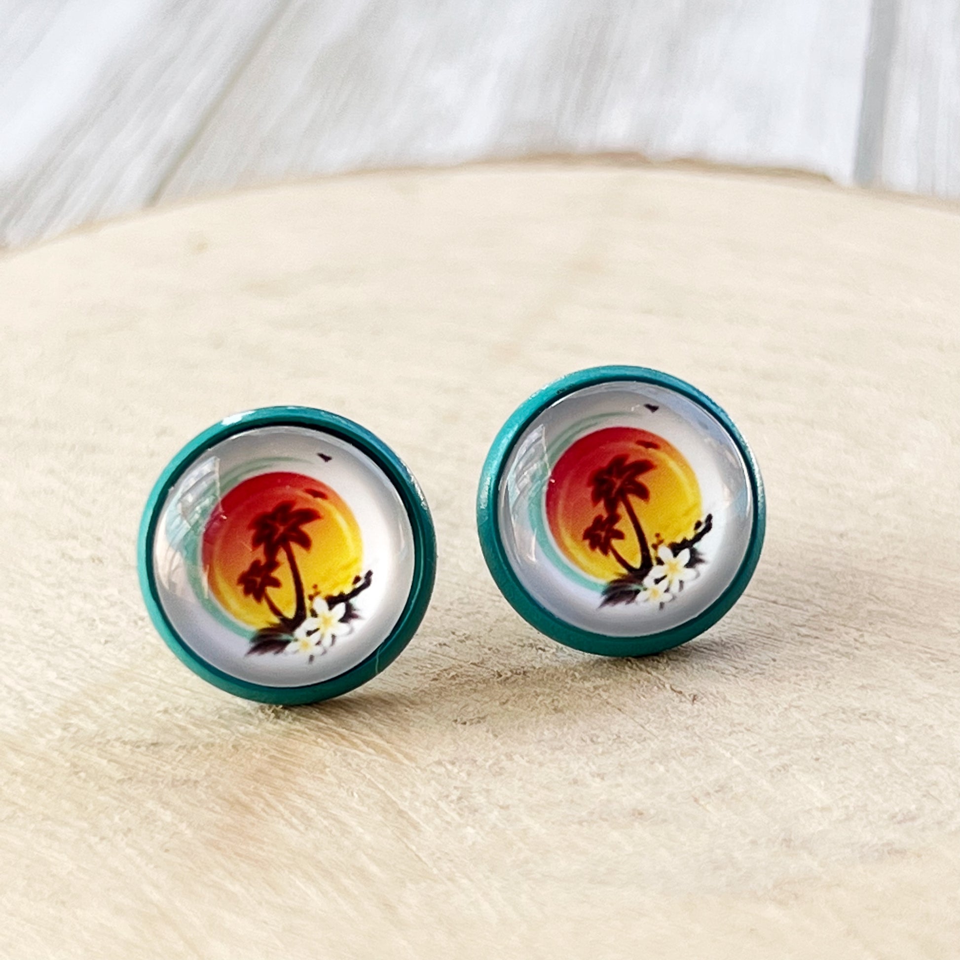 Sunset & Palm Tree Blue Stud Earrings - Tropical & Serene Accessories
