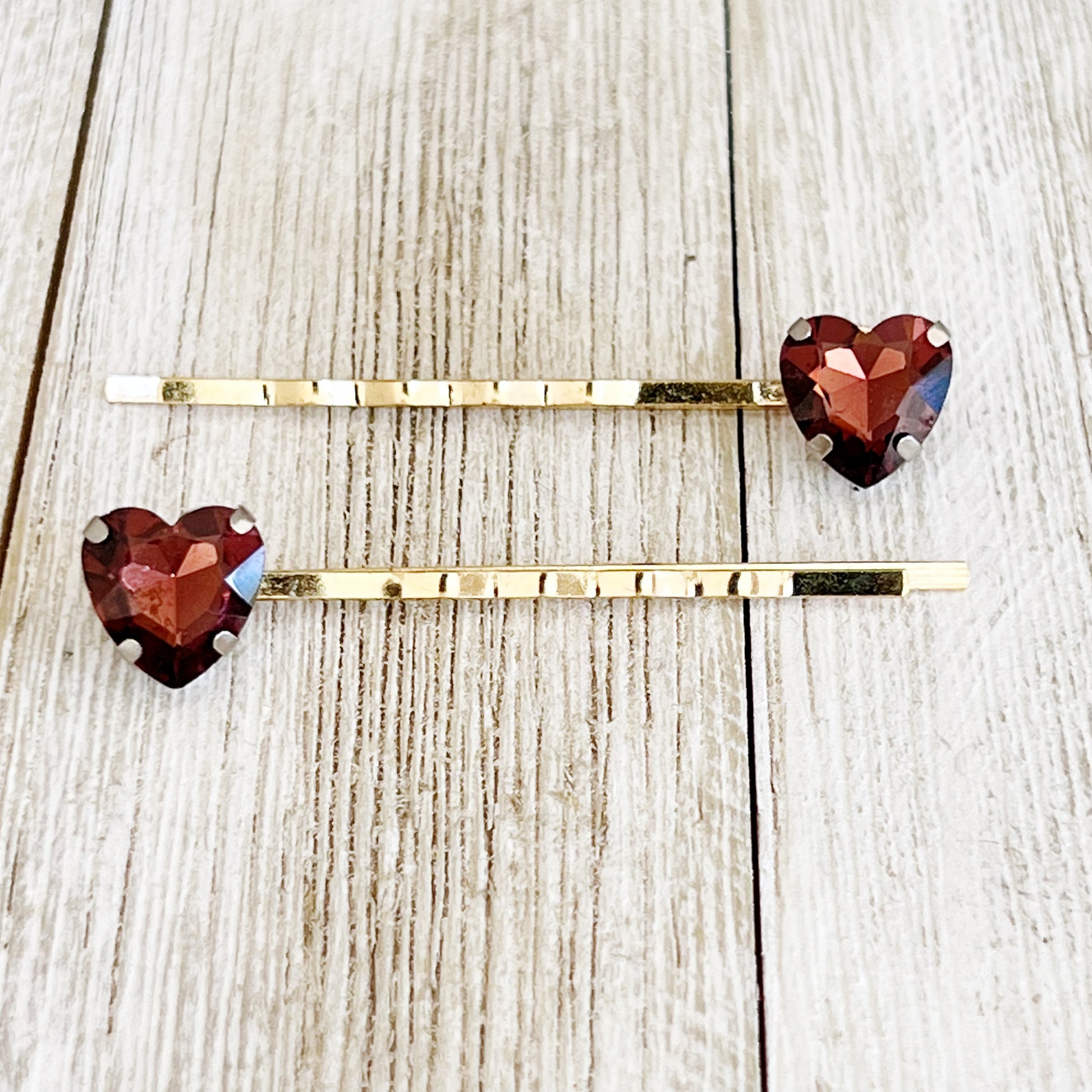 Cranberry Red Rhinestone Heart Hair Pins: Elegant Romantic Accessories