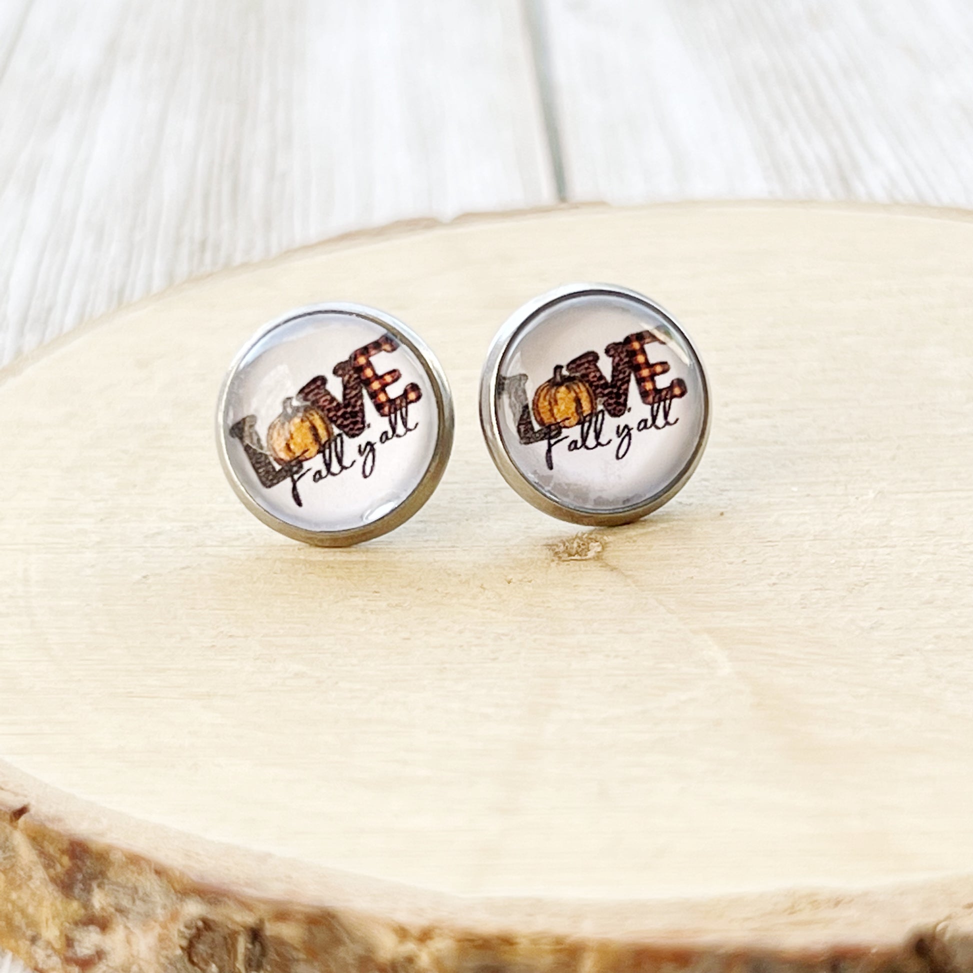 Love Fall Y’all Stud Earrings – Buffalo Plaid Pumpkin Autumn Jewelry in Silver