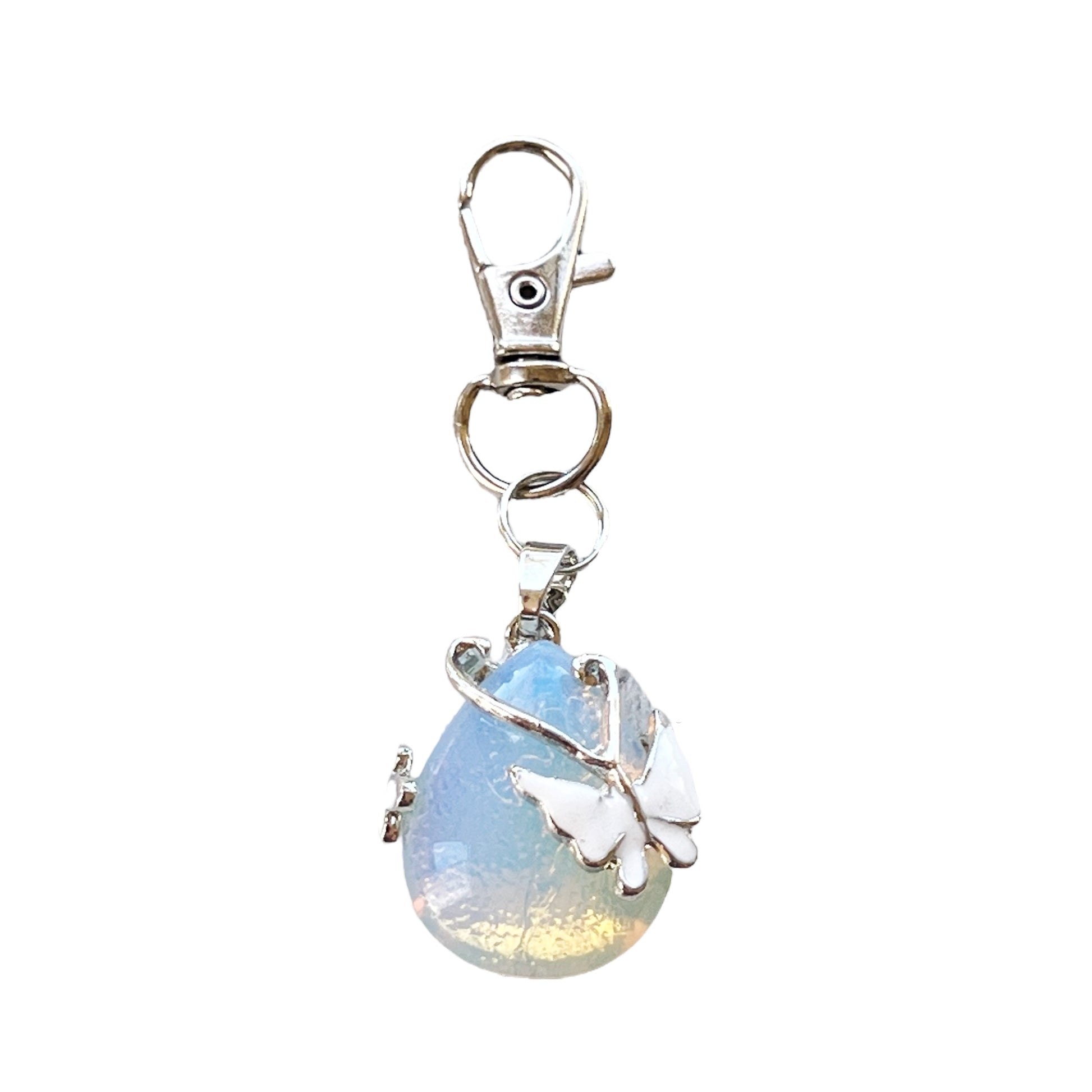 Opalite Butterfly Teardrop Keychain – Iridescent Glass & Silver Charm Accessory