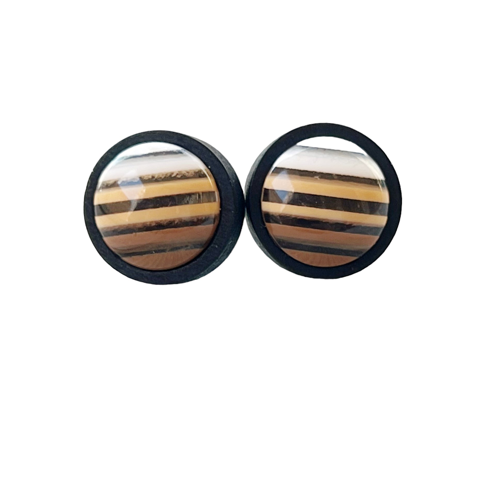Earth Tone Stripe Resin Stud Earrings – Round Handmade Fall Jewelry in Black Wood