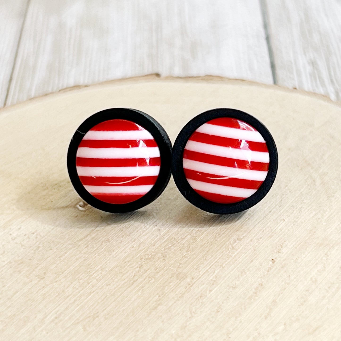 Peppermint Stripe Stud Earrings – Red & White Holiday Candy Cane Jewelry