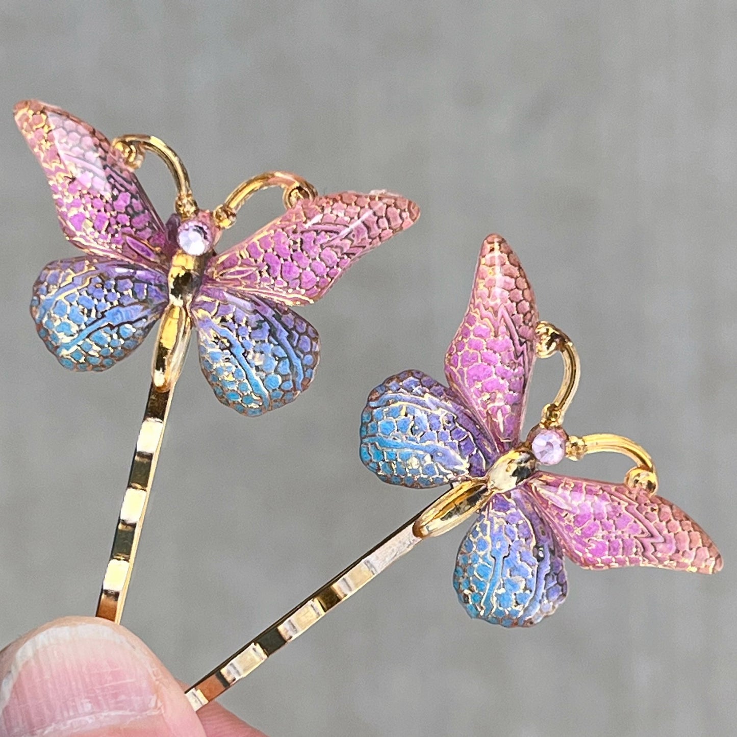 Large Acrylic Butterfly Hair Pins: Vibrant Pink, Blue & Gold tones with Rhinestone Accents for Statement Hairstyles