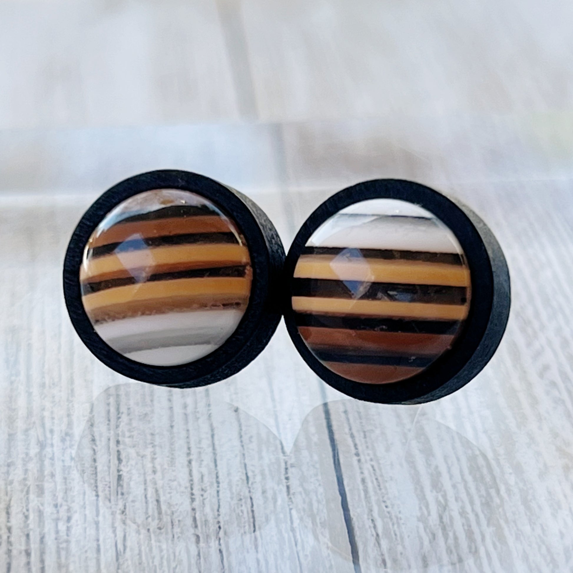 Earth Tone Stripe Resin Stud Earrings – Round Handmade Fall Jewelry in Black Wood
