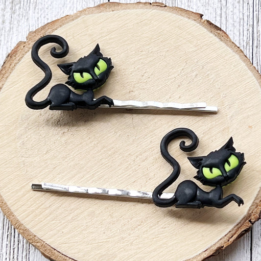 Green Halloween Black Spooky Cat Hair Pins