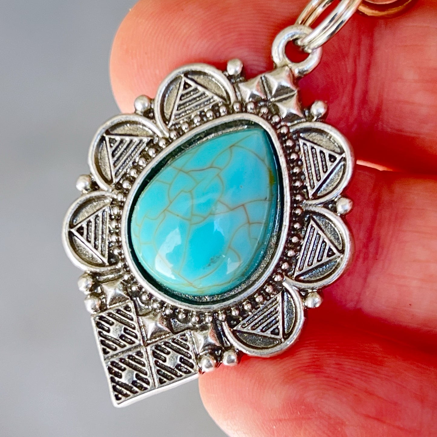 Turquoise Teardrop Purse Charm – Boho Southwest Silver Keychain Accent