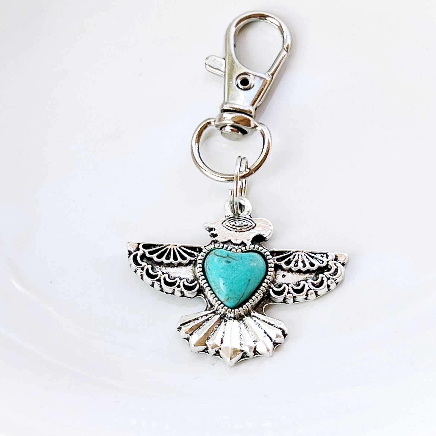 Turquoise Thunderbird Western Zipper Pull Handbag Charm - Stylish Southwest-Inspired Accessory