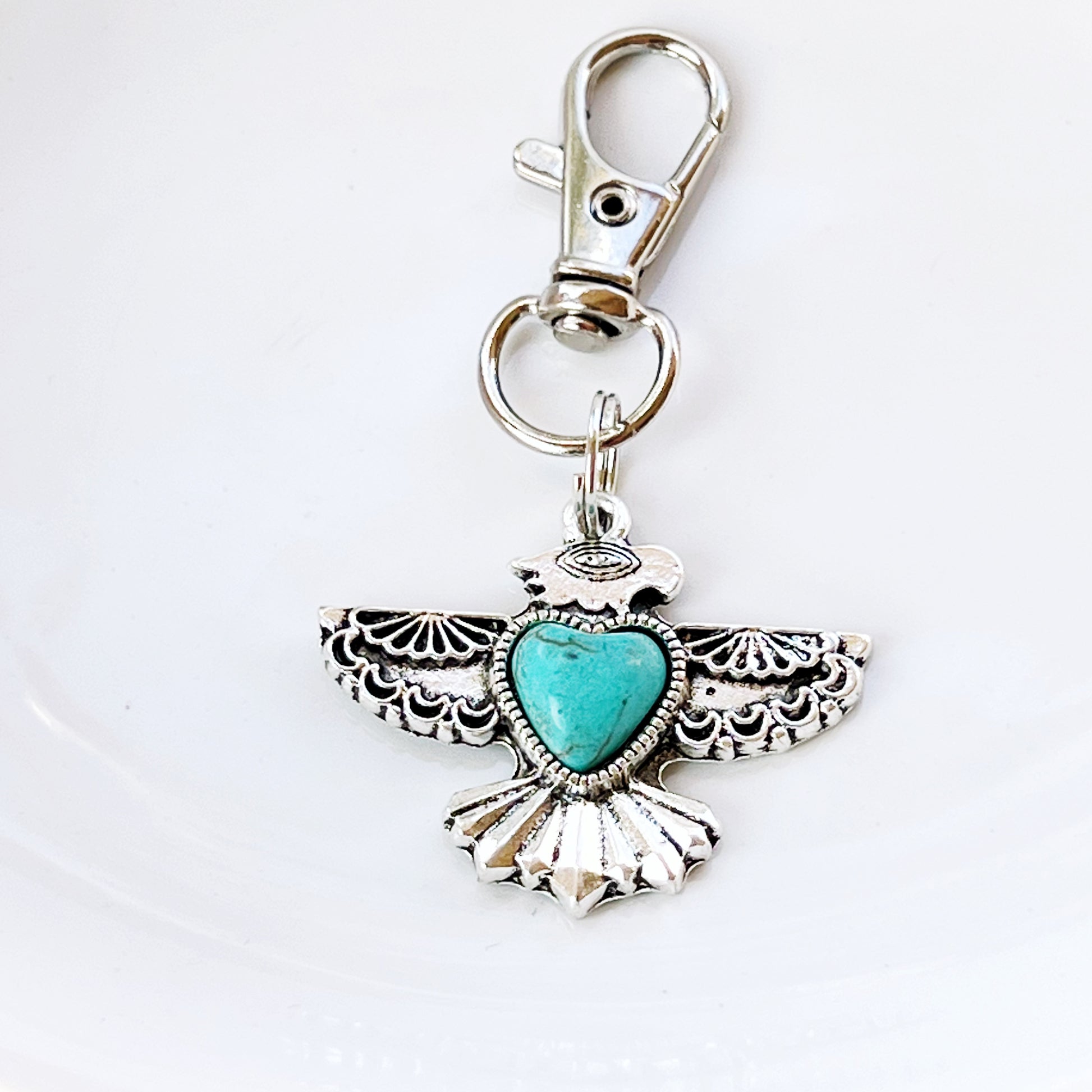Turquoise Thunderbird Western Zipper Pull Handbag Charm - Stylish Southwest-Inspired Accessory