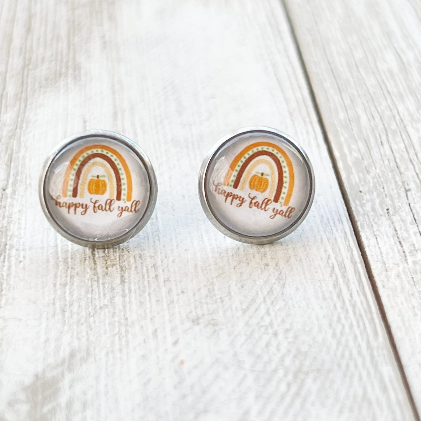 Happy Fall Y’all Stud Earrings – Rainbow Pumpkin Autumn Jewelry in Silver
